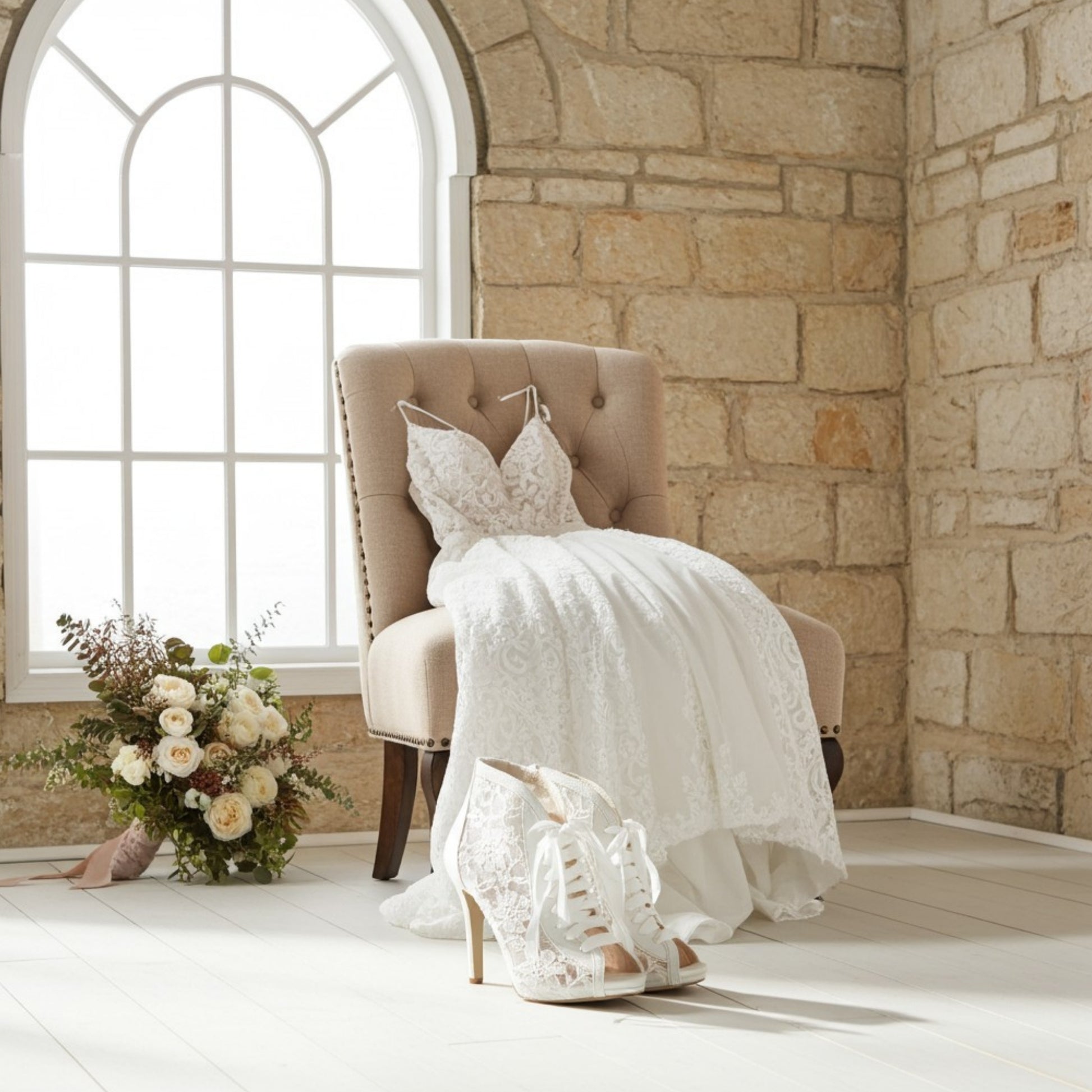 Bridal gown on a beige chair and bridal boots in front of it.