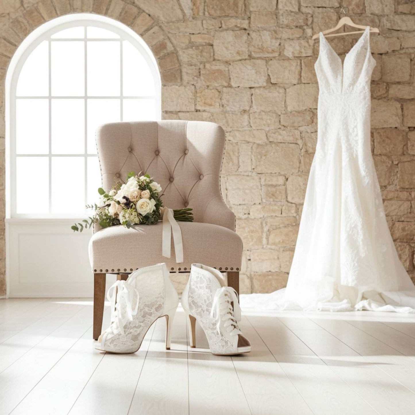 Ivory wedding dress hanging on a brick wall with lace wedding boots and flowers on a chair.