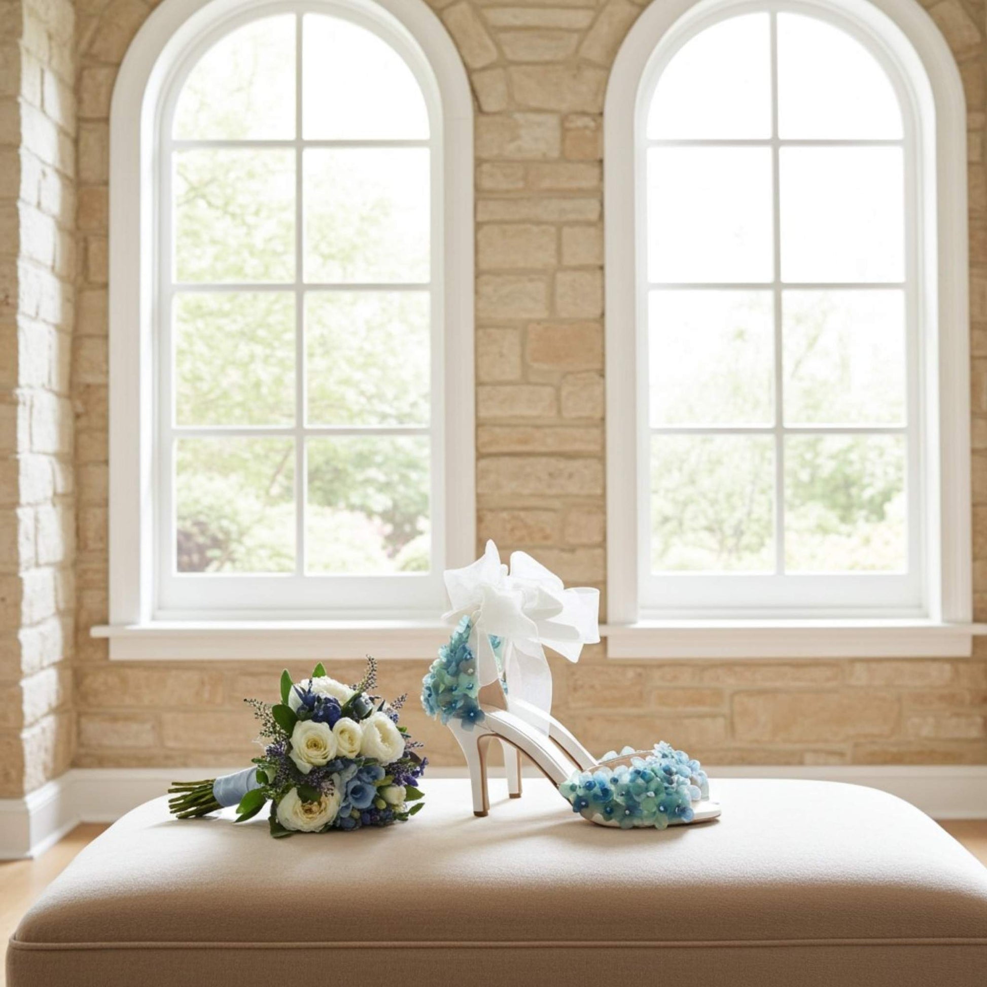 Side view of pretty floral bridal shoes with organza straps on a fabric stool and bridal bouquet next to them.