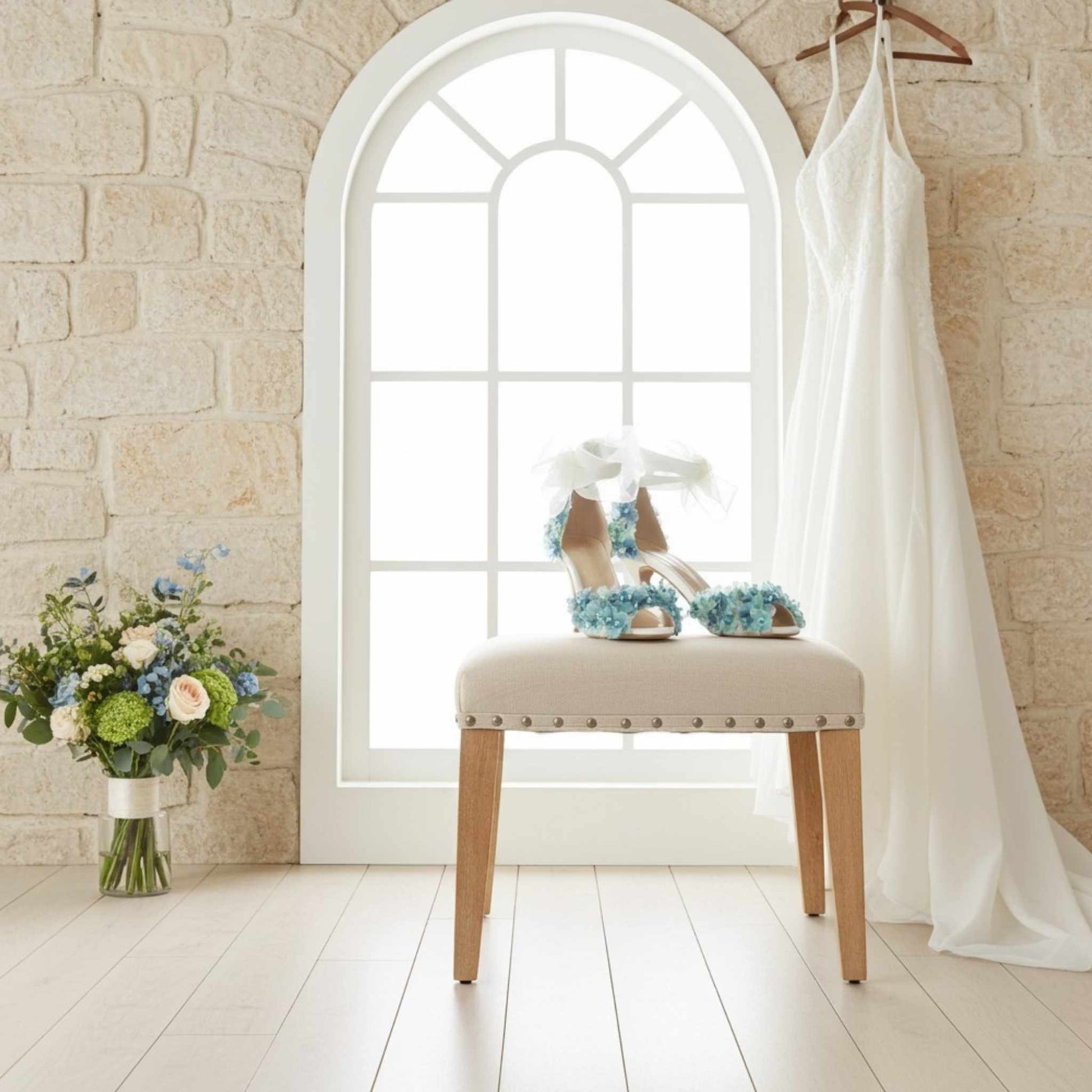 Pair of bridal shoes decorated with lowers and a bridal gown hung up with a bouquet of flowers on the wooden floor.