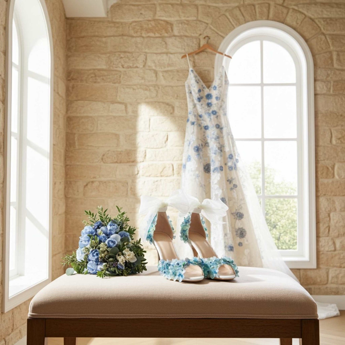 Pretty flower bridal gown with matching floral bridal shoes on a stool with brides bouquet.