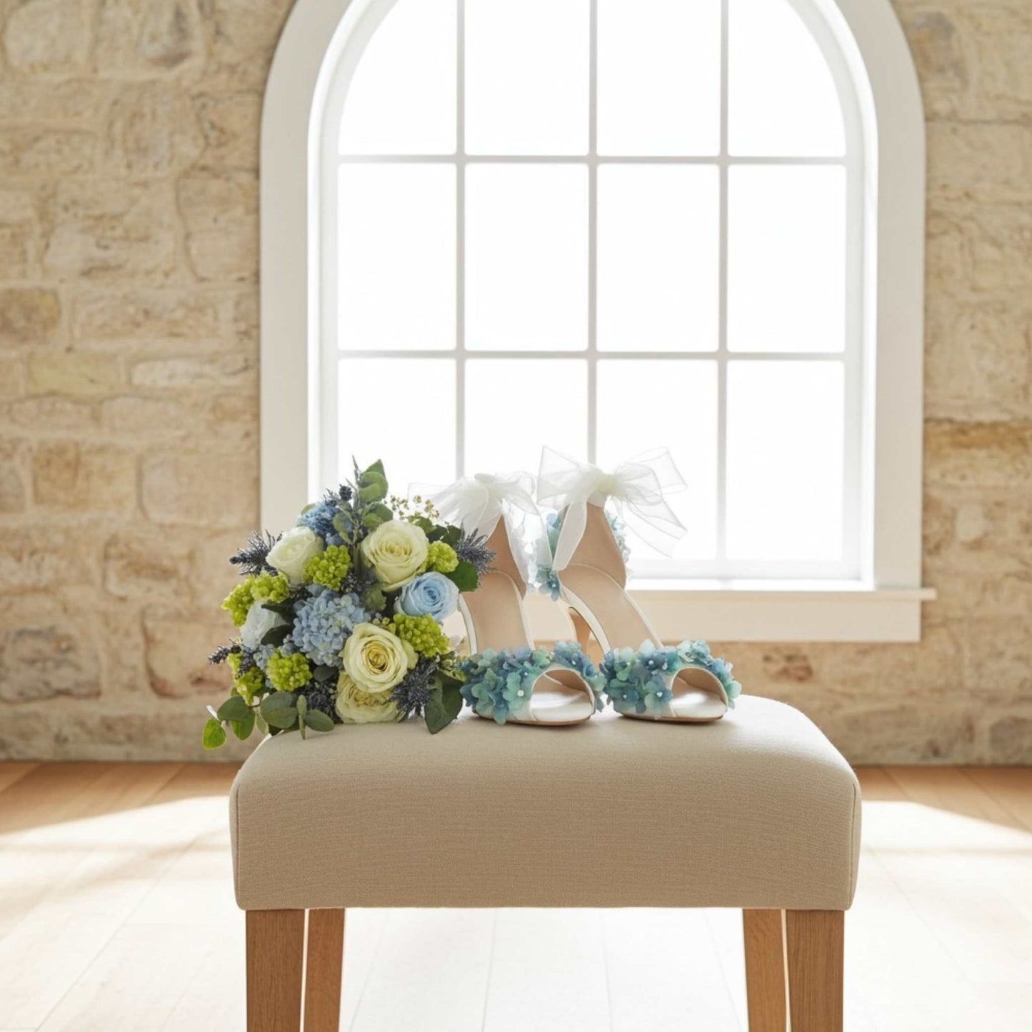 Bridal bouquet with matching blue floral bridal shoes on a fabric stool with large window behind.
