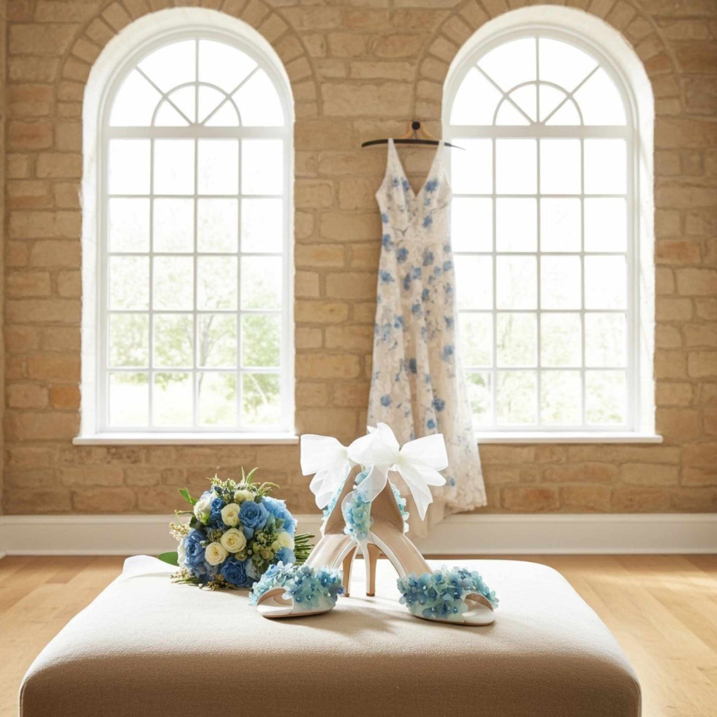 Floral shoes and bouquet on a white surface with a dress hanging in the background.