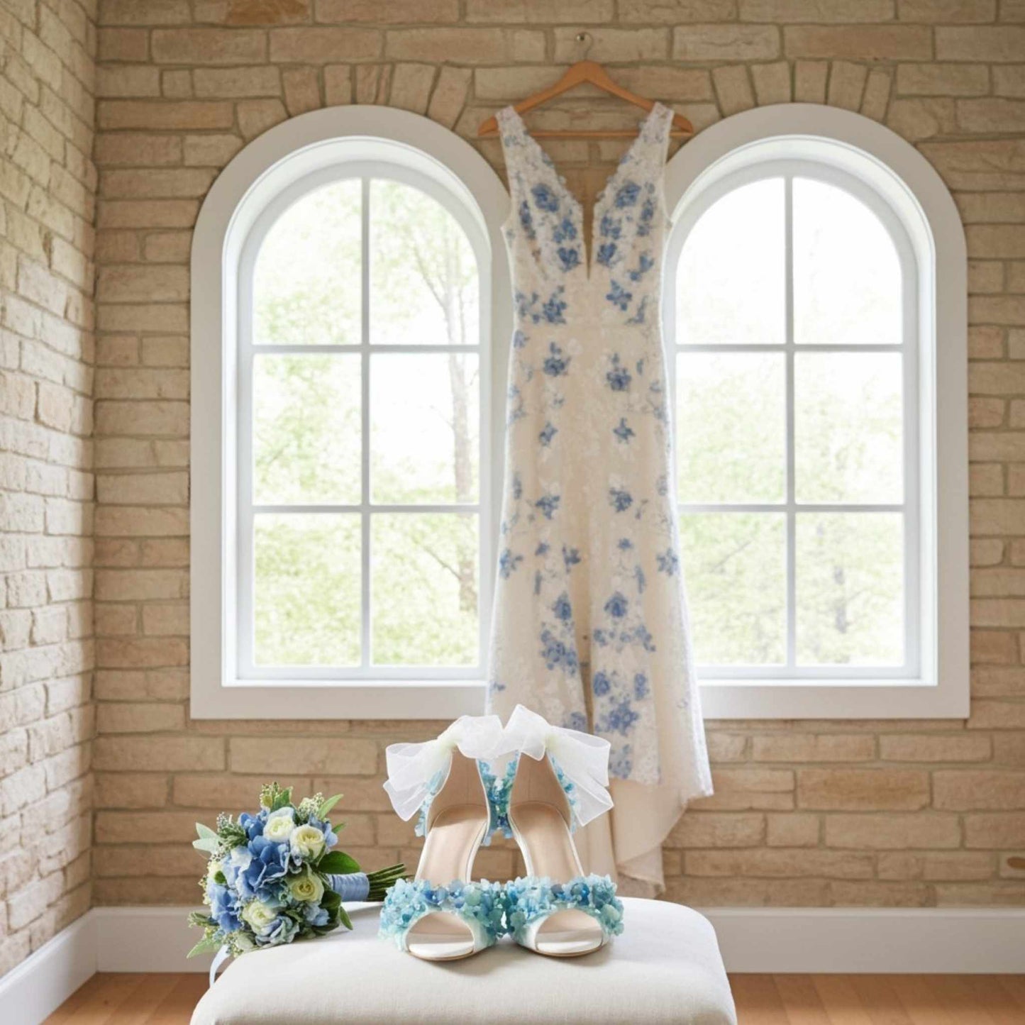 Floral dress, floral shoes, and bouquet on a stool in front of a window with a brick wall background