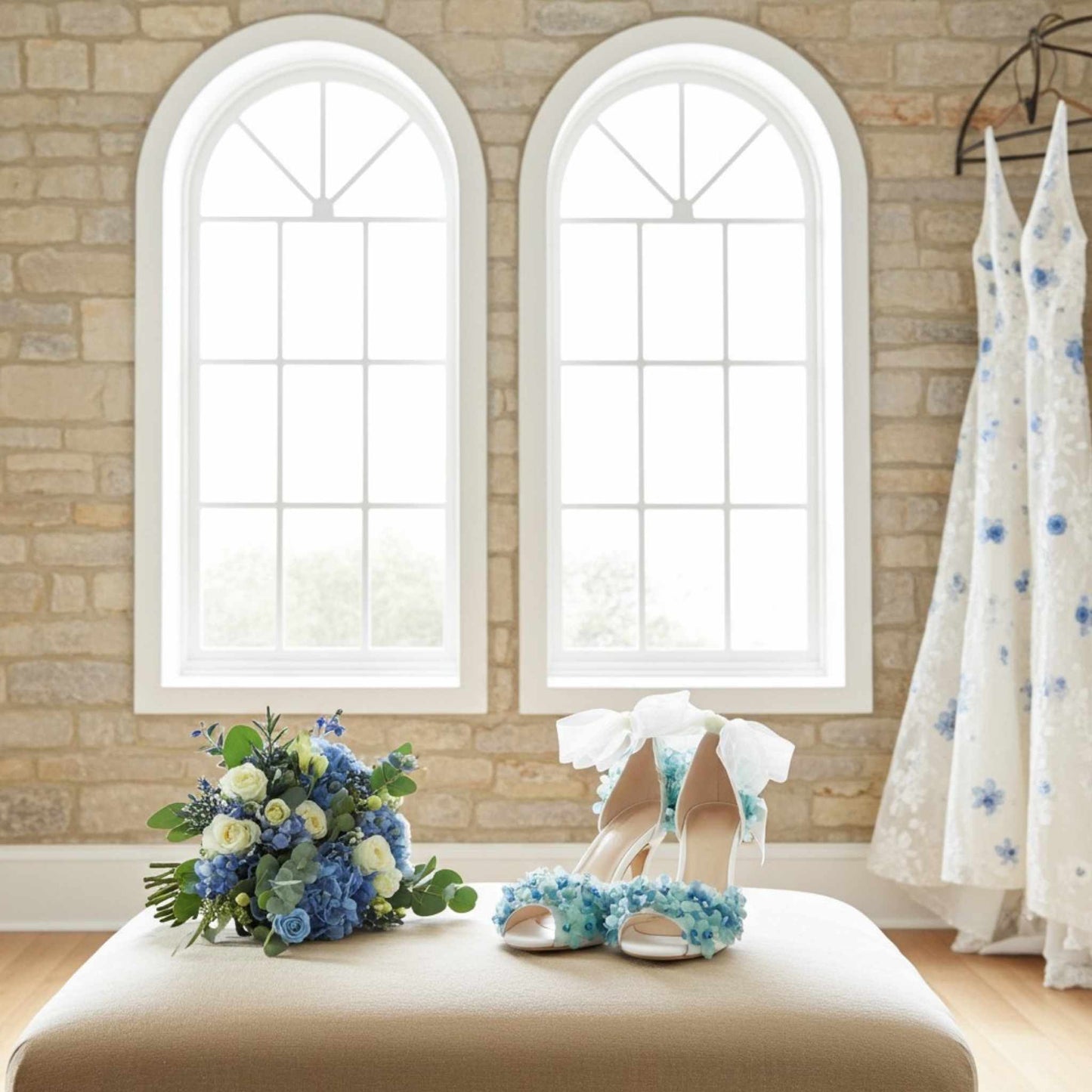 Bouquet of flowers and floral bridal sandals on a stool with stone wall and windows in the background