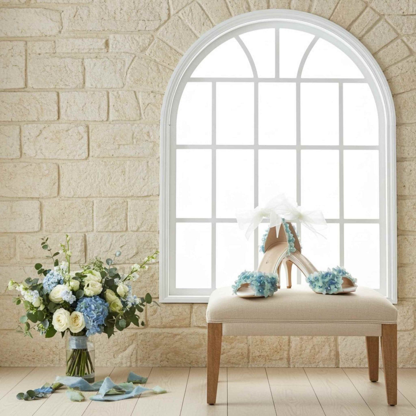 Bride's high-heeled shoe with floral decorations on a cushioned stool next to a vase of flowers against a stone wall.
