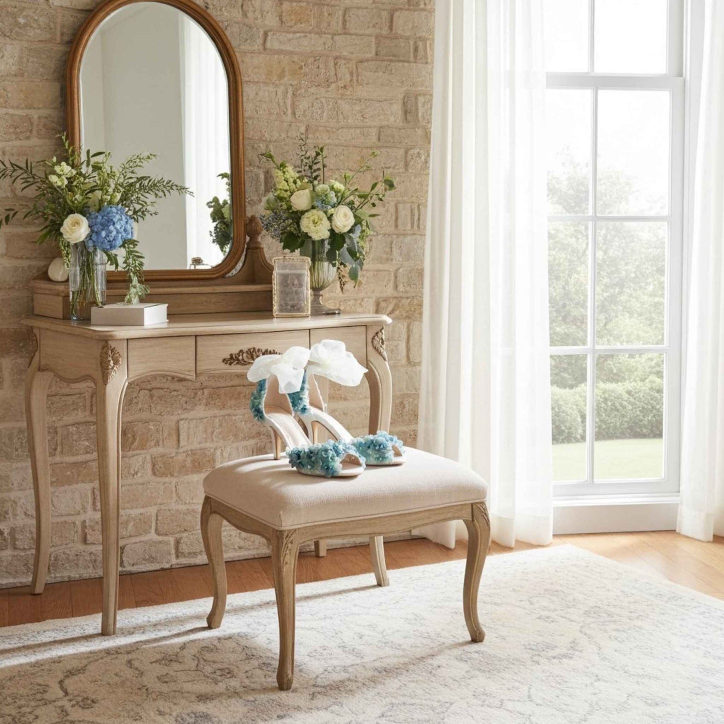 Dressing table with mirror, flowers, and a stool with high heel floral bridal shoes in a bright room.