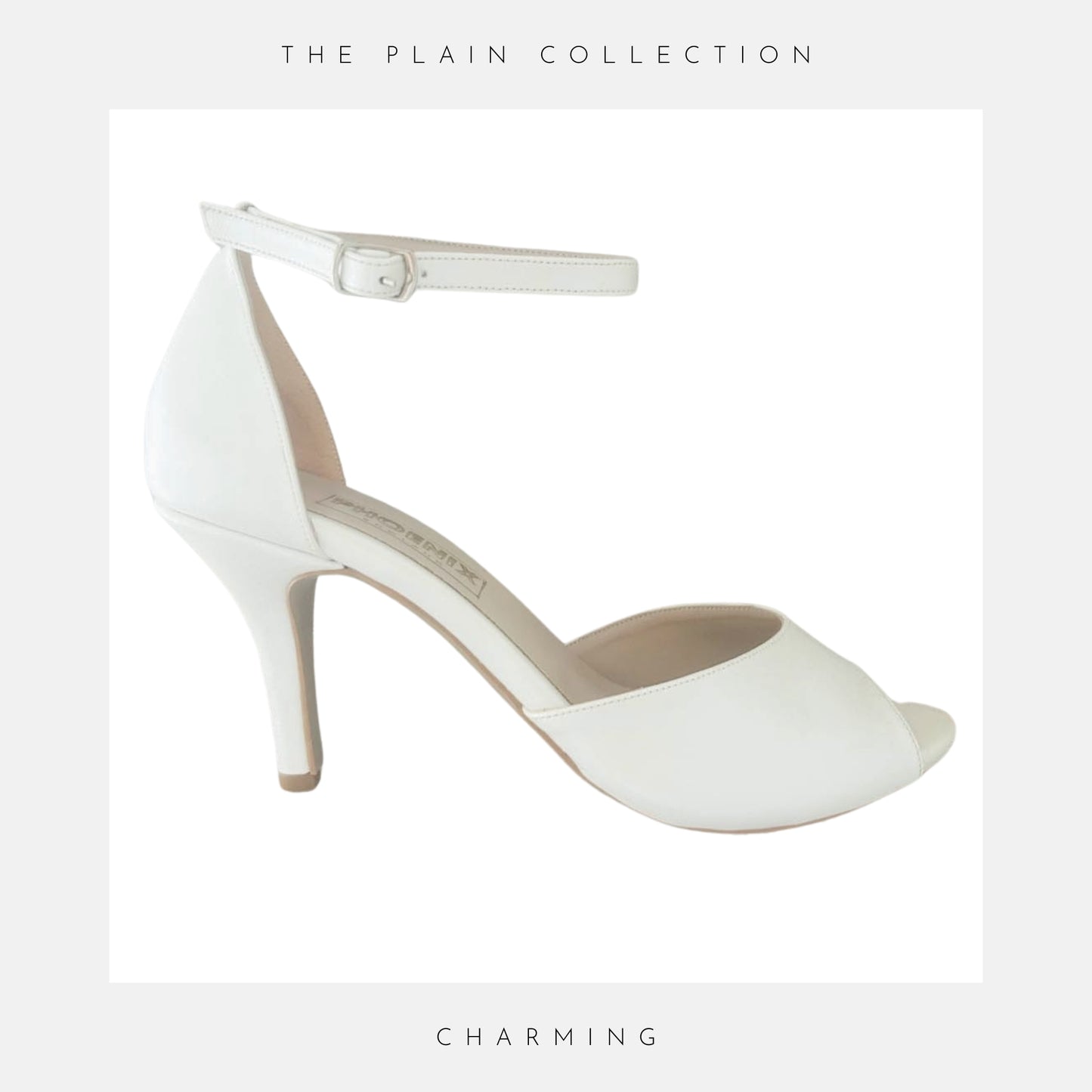 Elegant peep toe high heel wedding shoe with ankle strap shown plain on a white background, text reads The Plain Collection and the name Charming