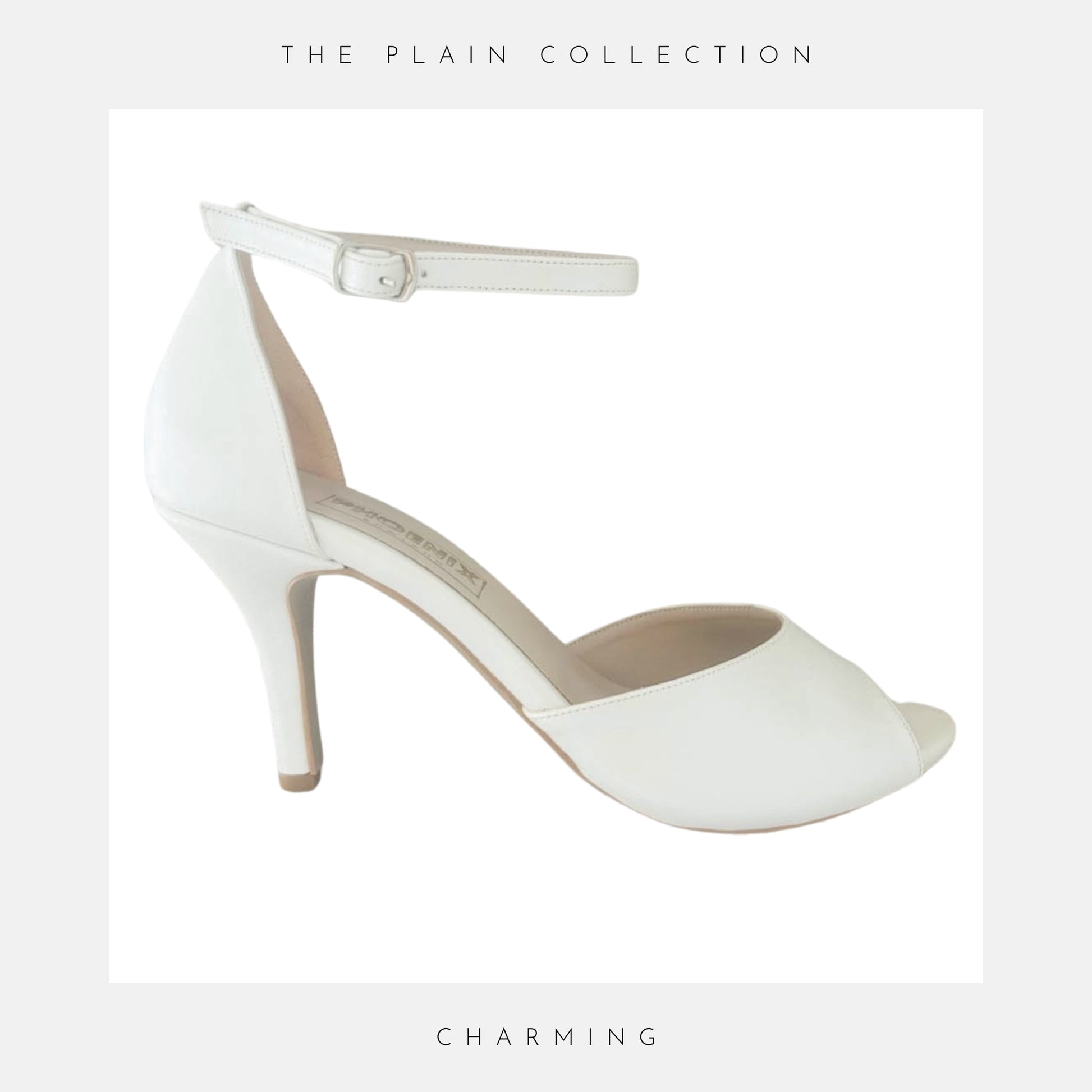 Elegant peep toe high heel wedding shoe with ankle strap shown plain on a white background, text reads The Plain Collection and the name Charming