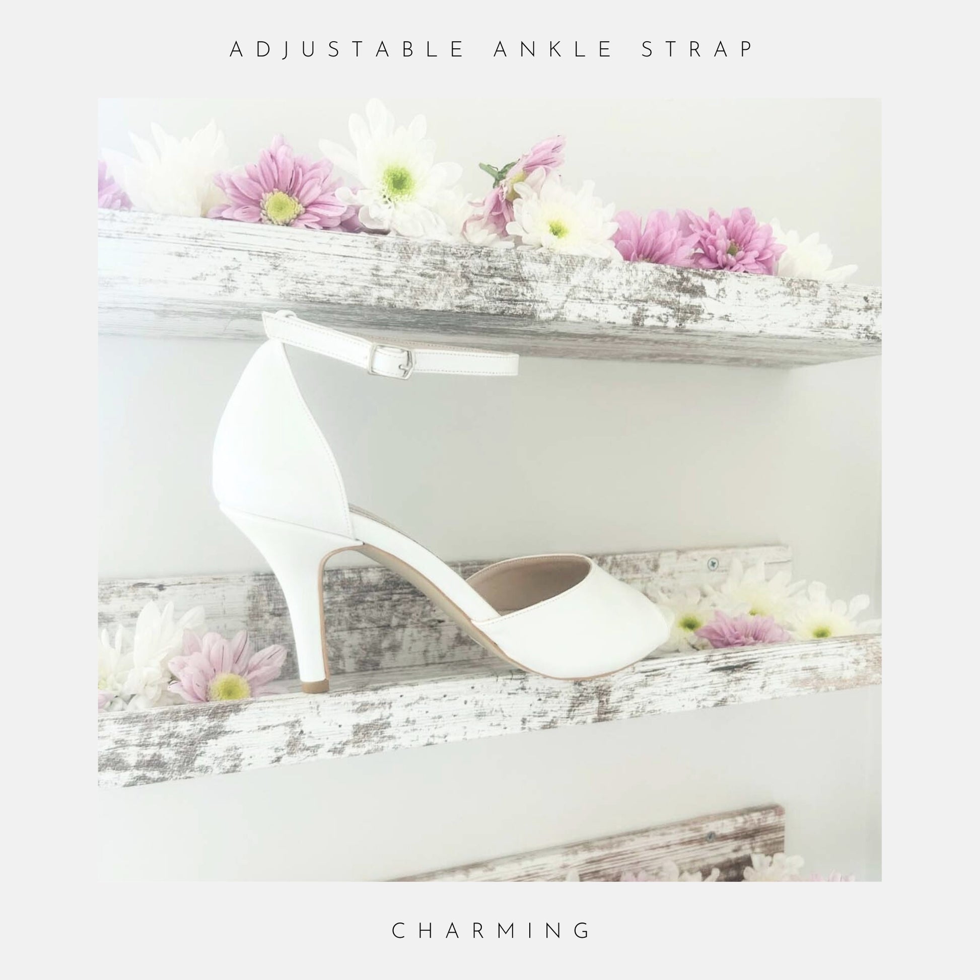 Ivory high-heeled shoe on a decorative stand with flowers, labelled 'Stunning Ivory Pearl Colour' and 'Charming'.