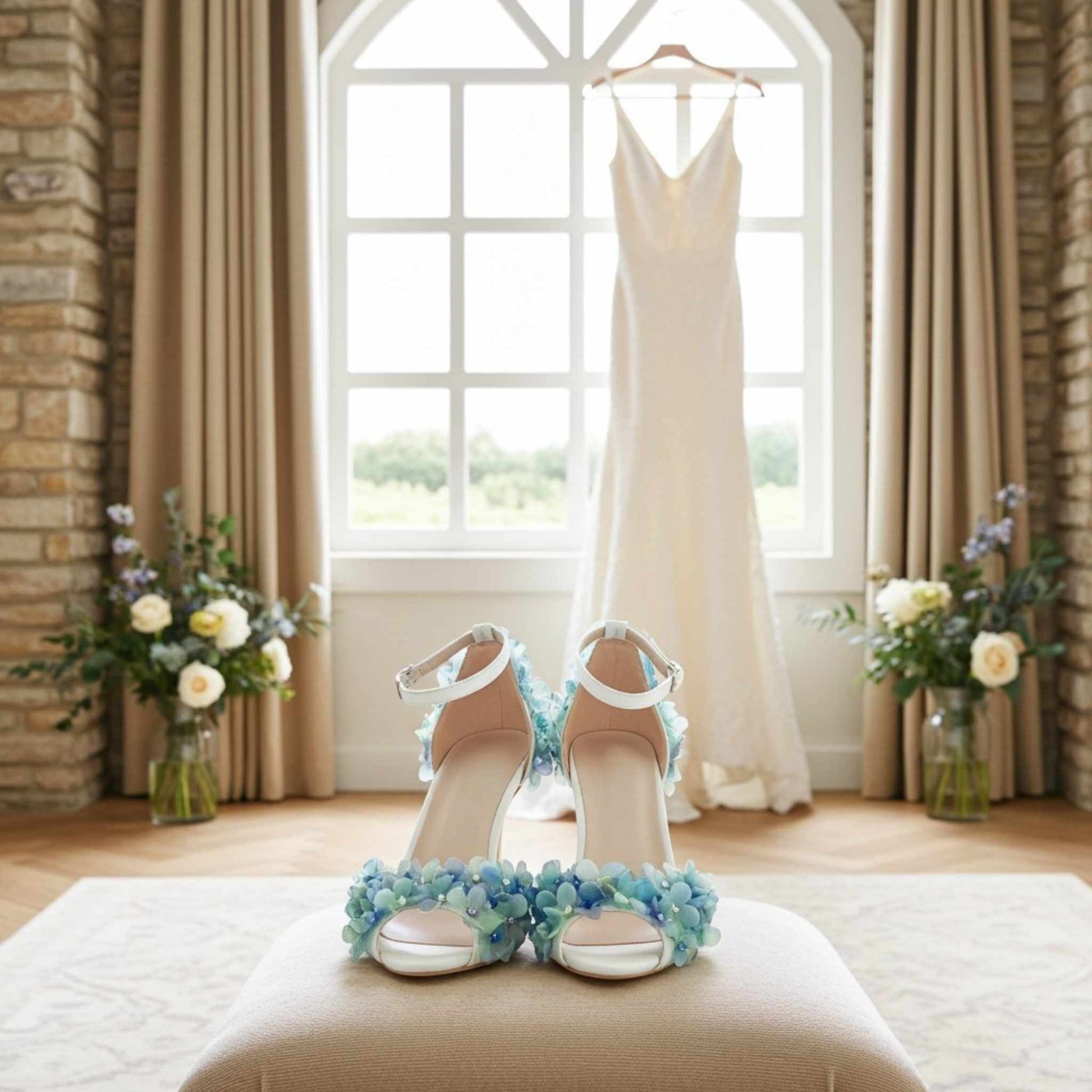 Bridal shoes with floral design on a cushion in front of a window with a wedding dress hanging above.
