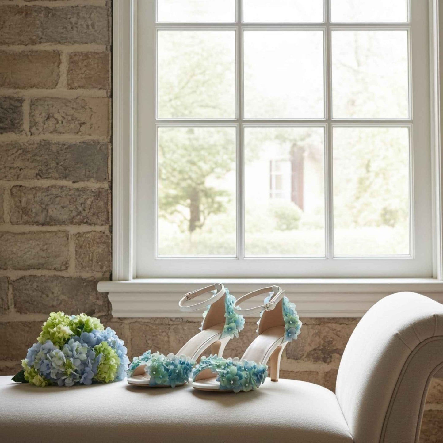 Ivory high-heeled shoes with floral decorations on a small ottomen near a window with a stone wall background.