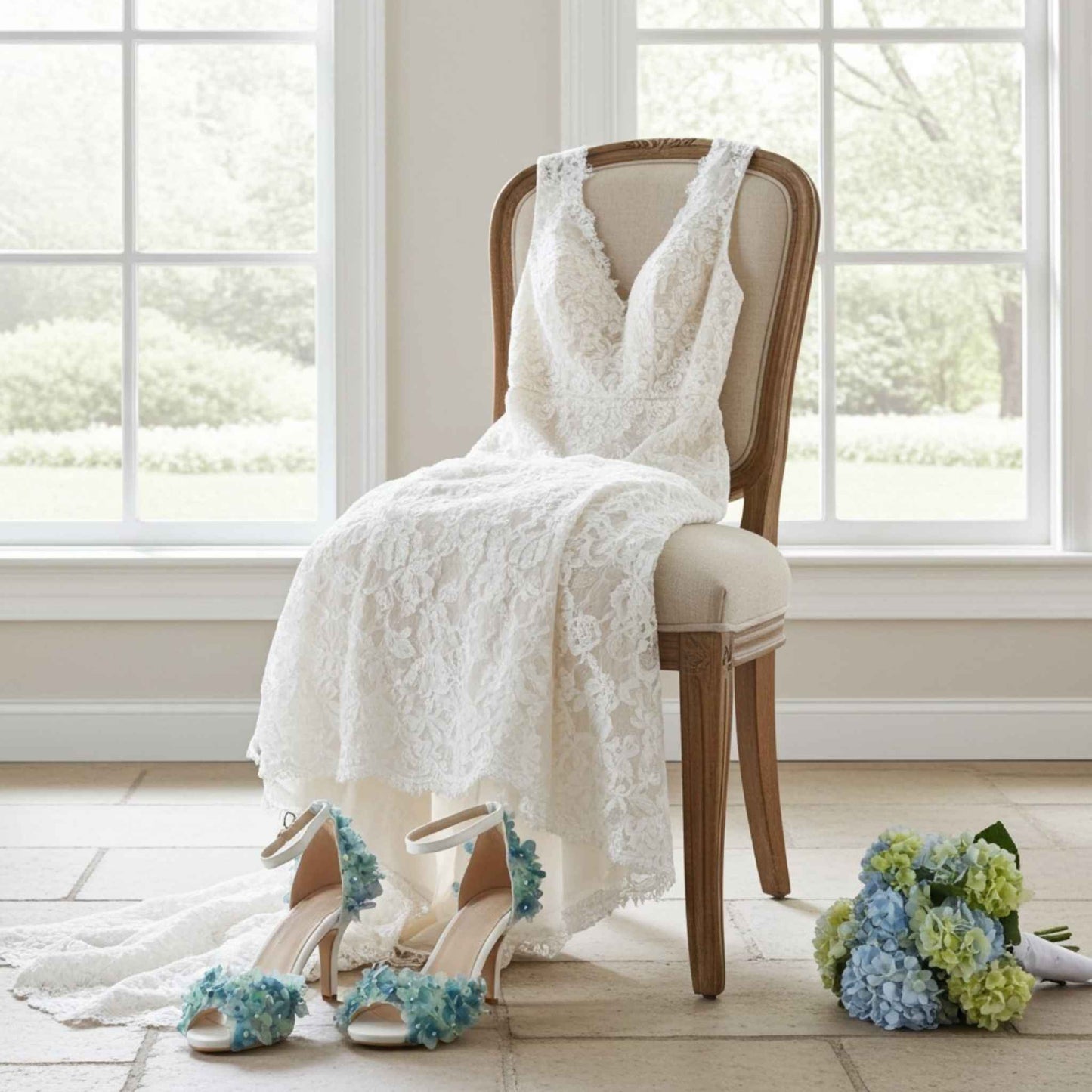 Floral high heel wedding shoes with a bridal gown on a chair.