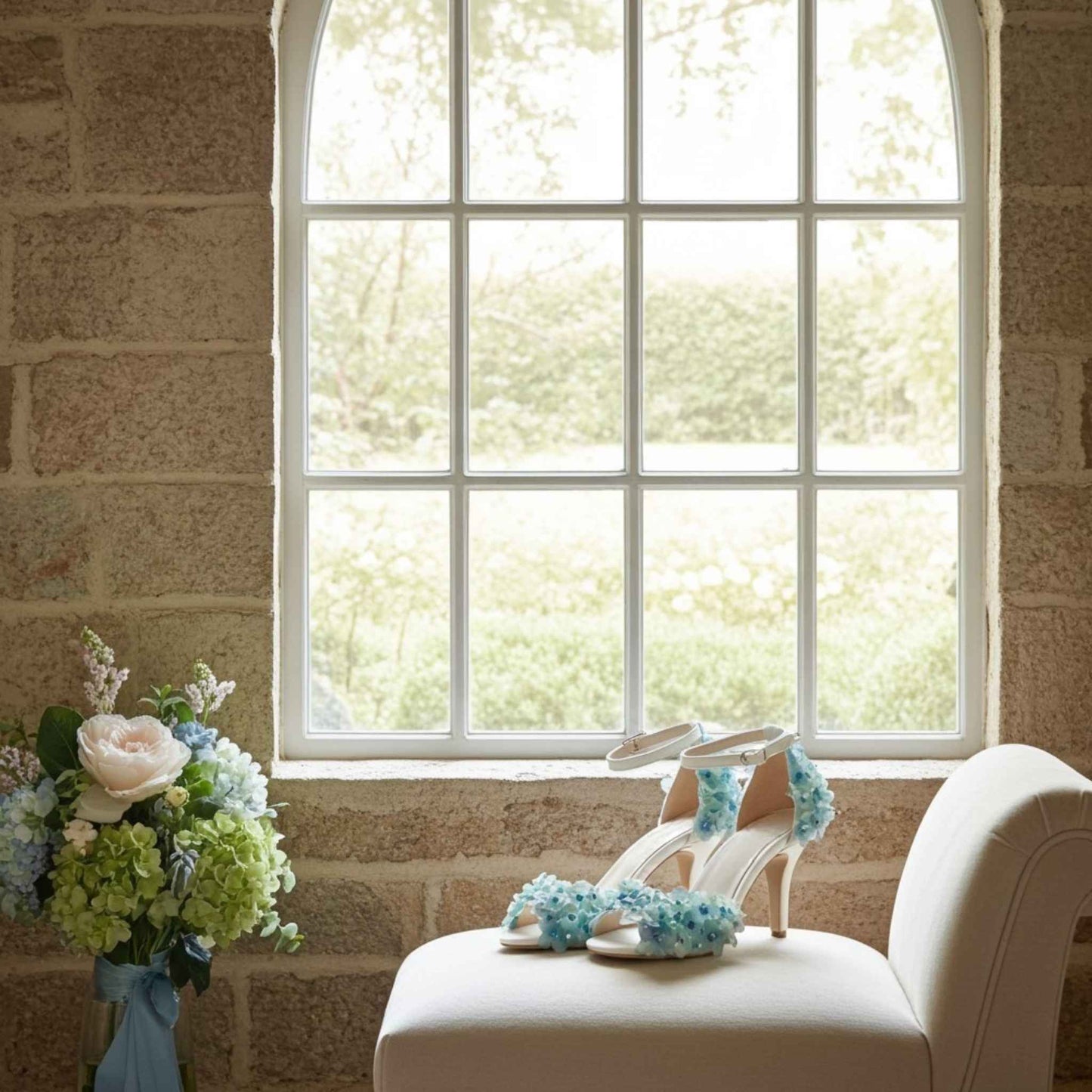 White high-heeled bridal shoes with blue floral decorations on a beige chair next to a bouquet of flowers in front of a large window.