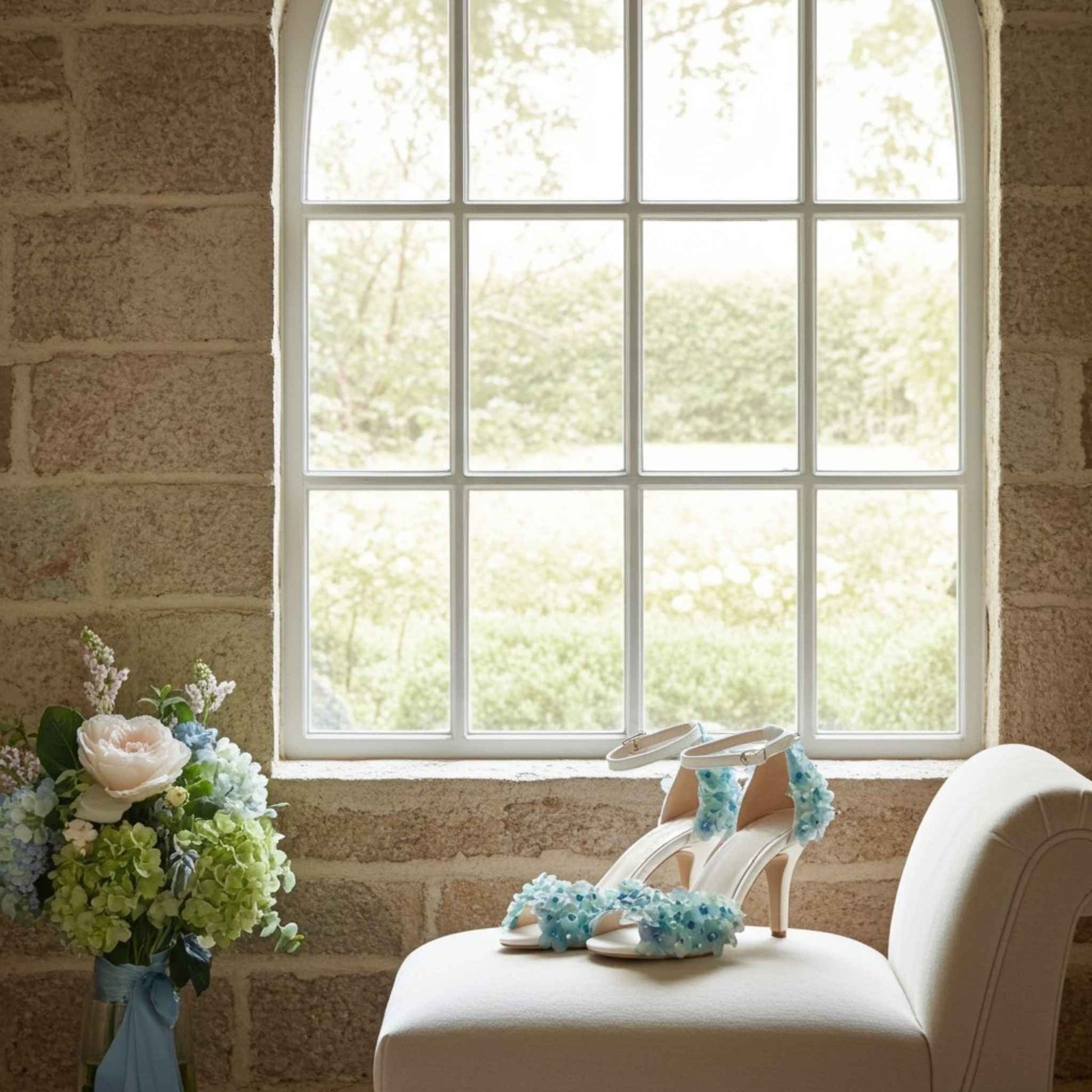 White high-heeled bridal shoes with blue floral decorations on a beige chair next to a bouquet of flowers in front of a large window.