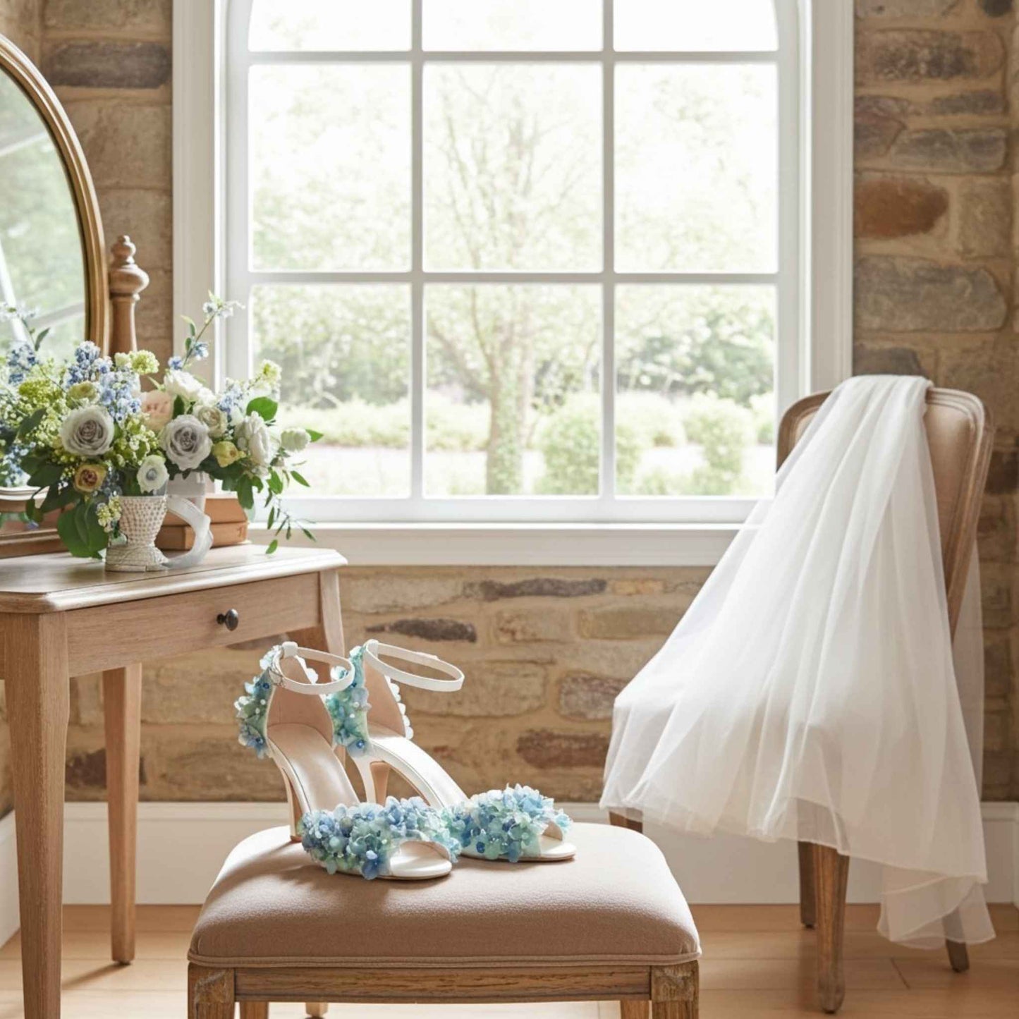 Pair of floral wedding shoes with a veil on a chair and pretty dressing table in front of a window with view of the garden.
