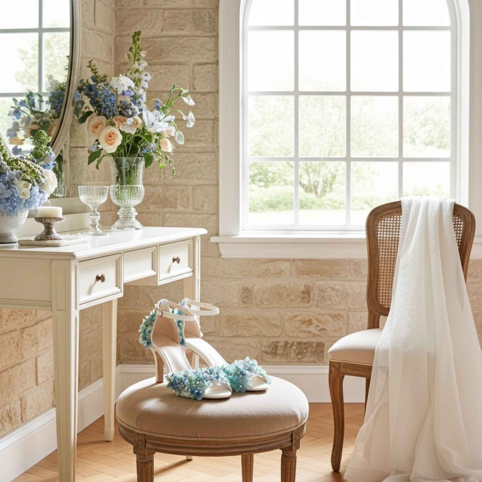 Peep toe high heel floral bridal shoes in a decorative setting with a table, chair, and ottoman in a room with a window and floral arrangement.