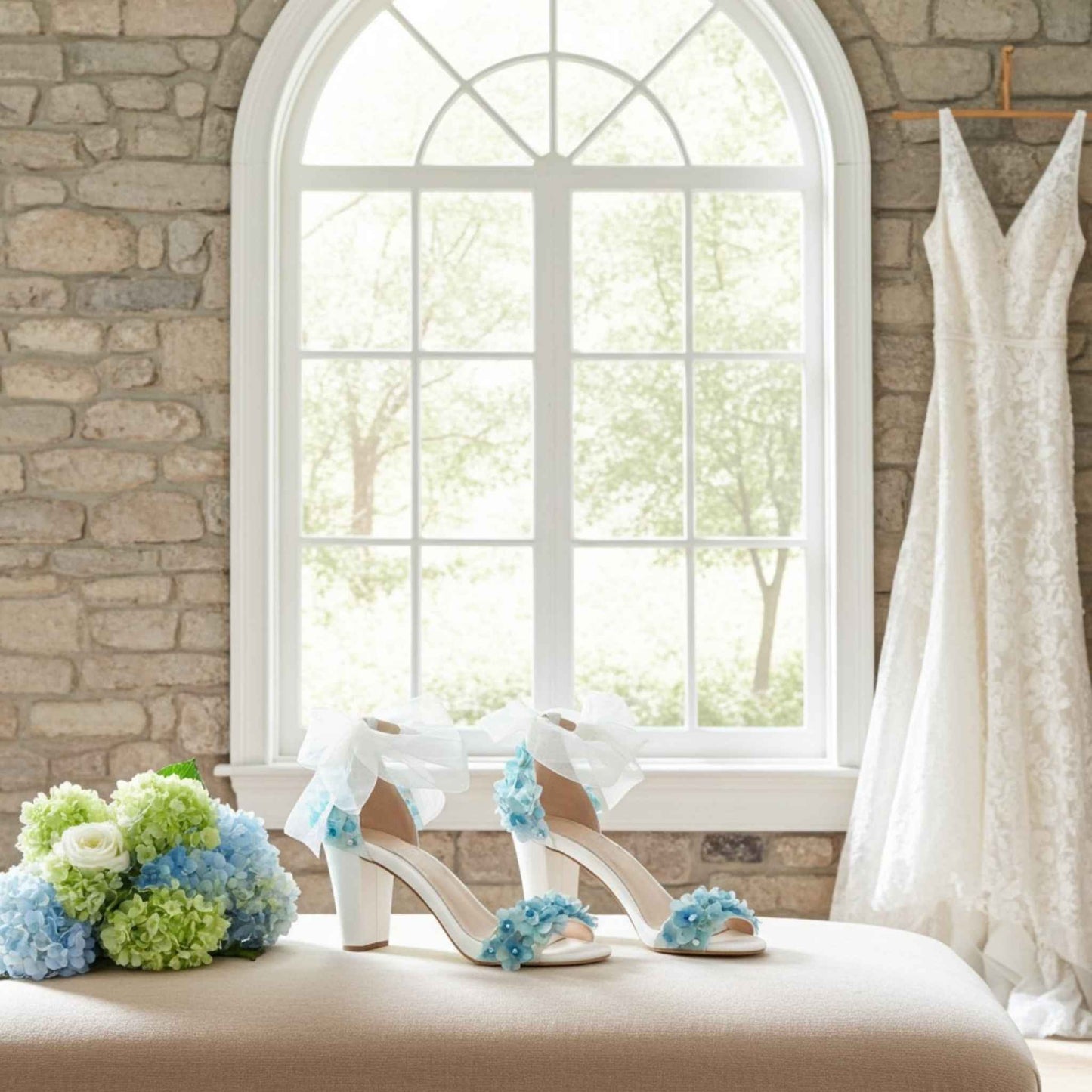 Side view of floral bridal shoes with pearls and crystals, hydrangea flowers sit next to them with a bridal gown hung behind and view of the garden.