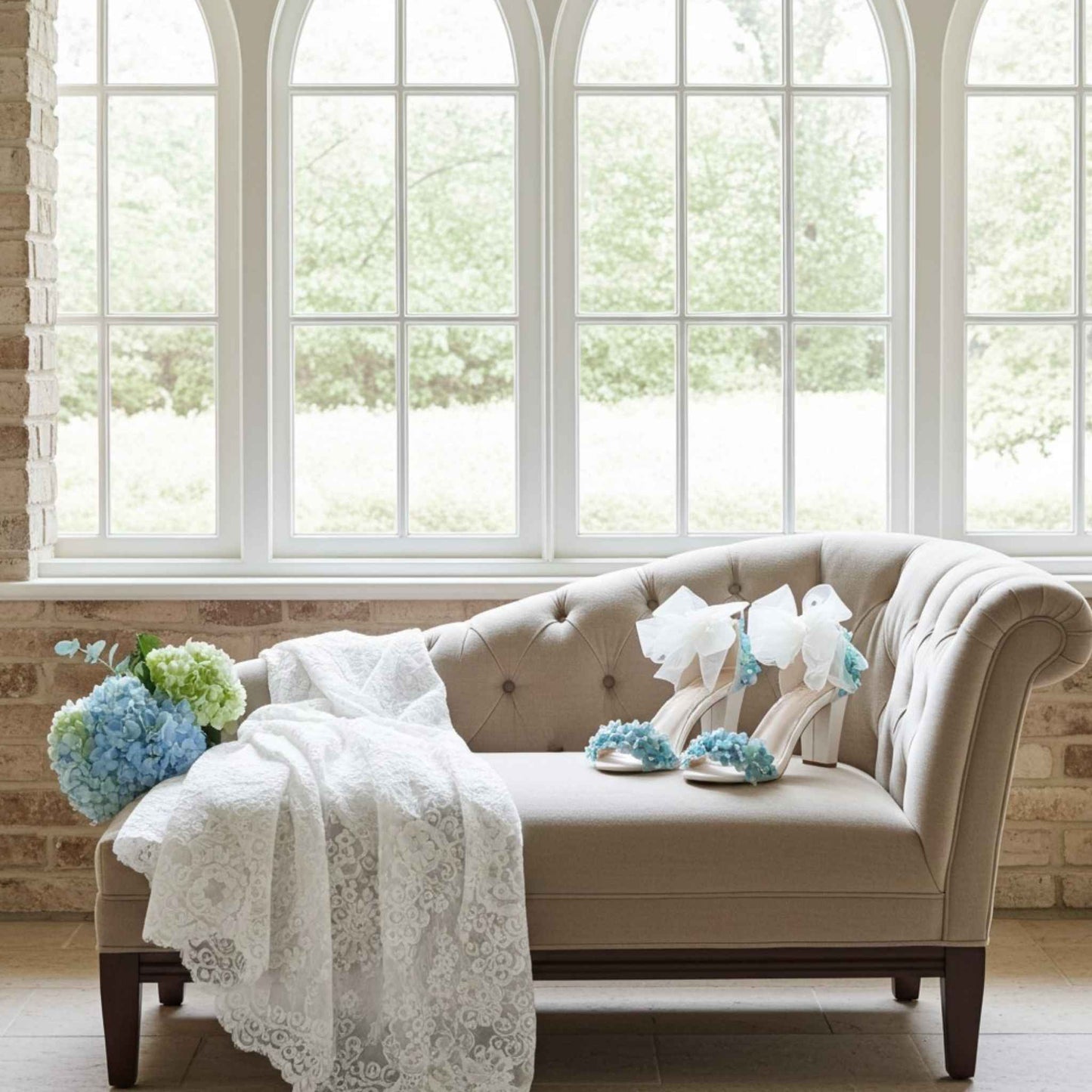 Beige chaise with lace bridal gown and decorative shoes in a bright room with large windows.