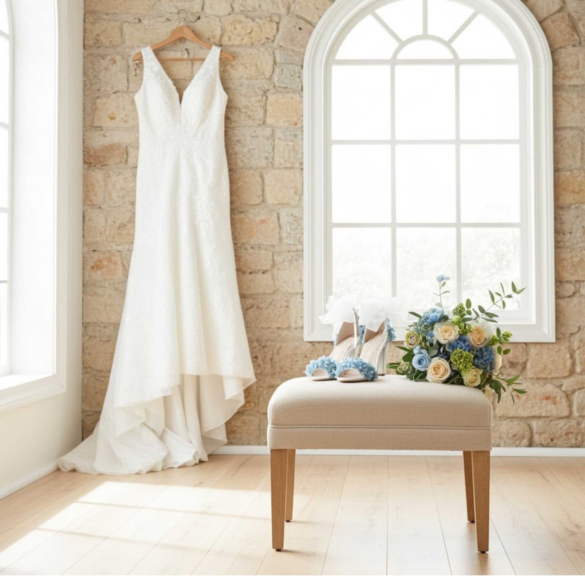 Ivory lace gown hung on a stone wall with large window and floral bridal shoes and wedding bouquet on footstool.