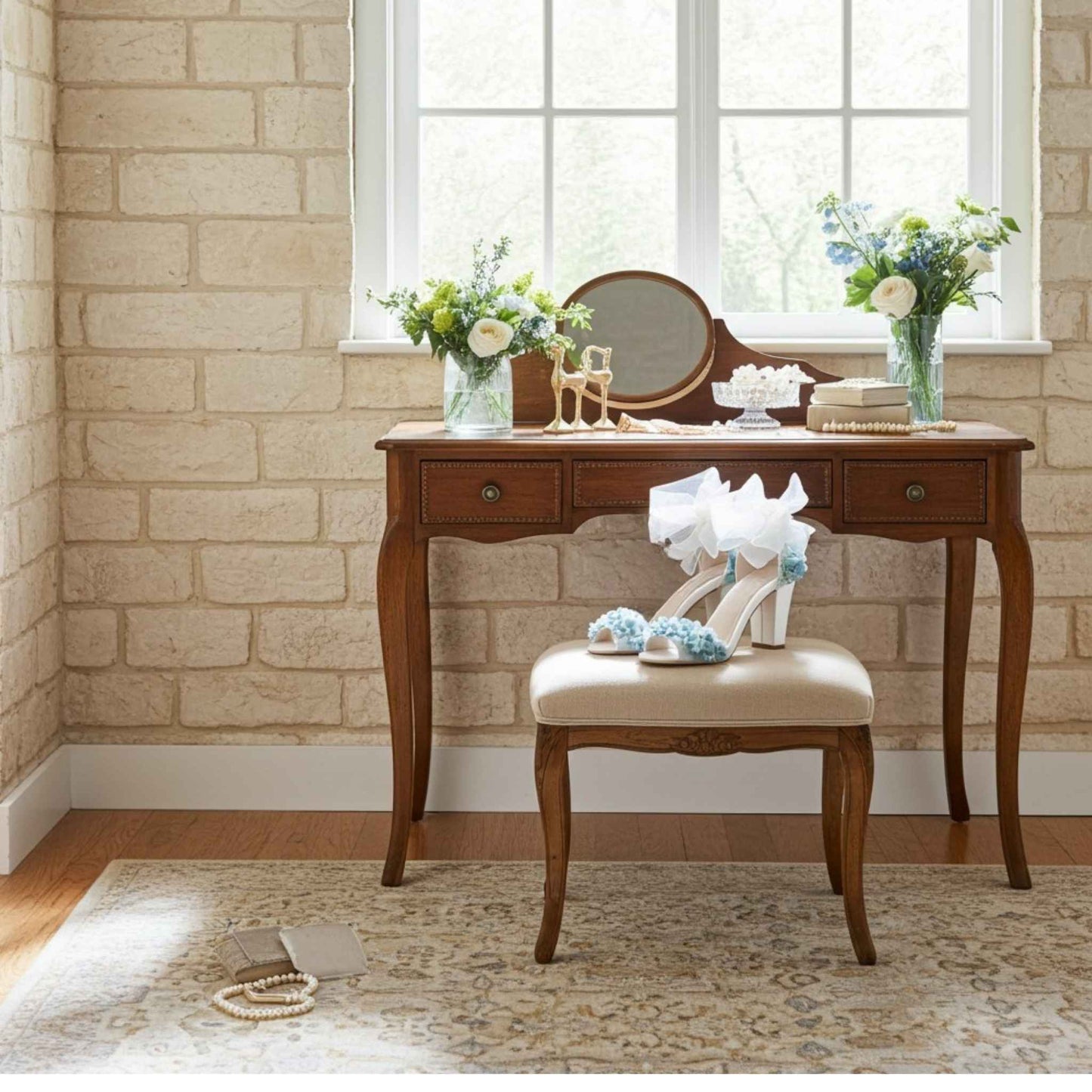 Wooden vanity table with mirror, stool, and decorative items in a room with stone walls and a window. Block heel floral bridal shoes are on the stool.
