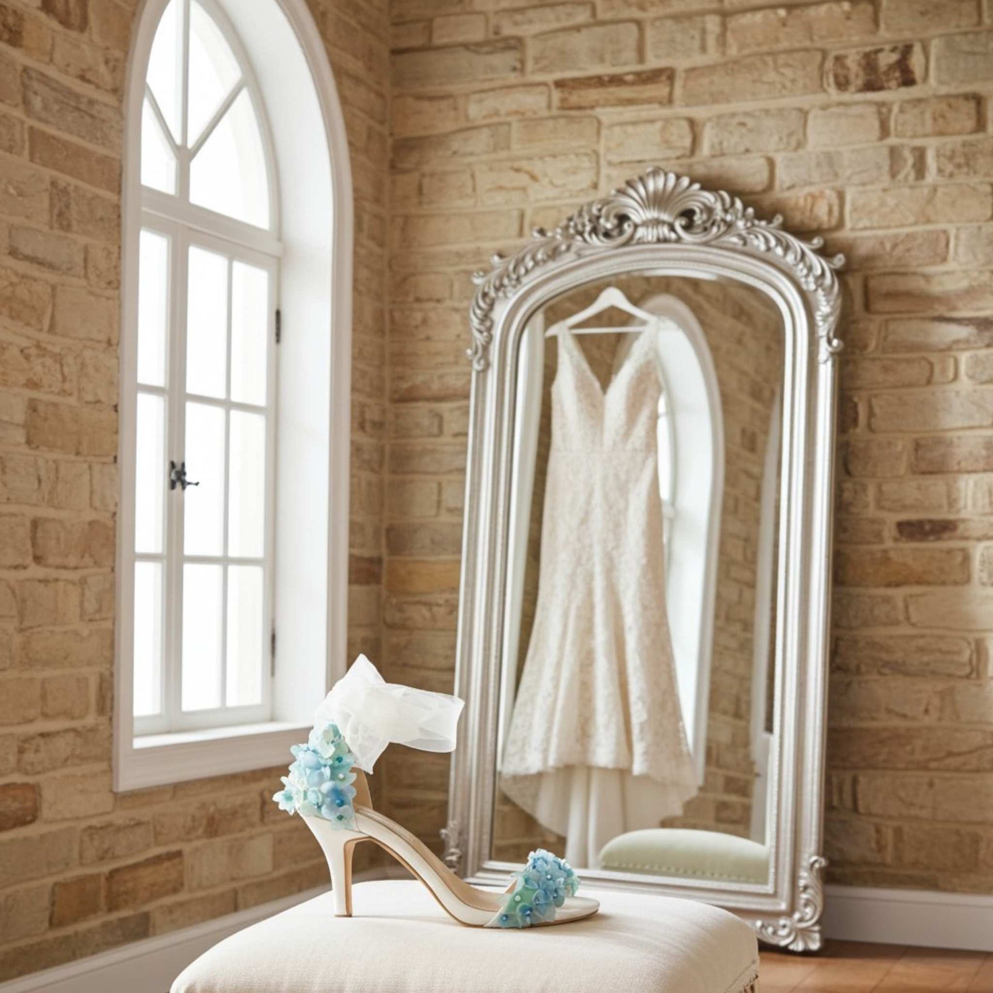 White wedding dress hanging in a large ornate mirror against a brick wall with a high window. Floral high heel bridal shoes are on a stool in front.