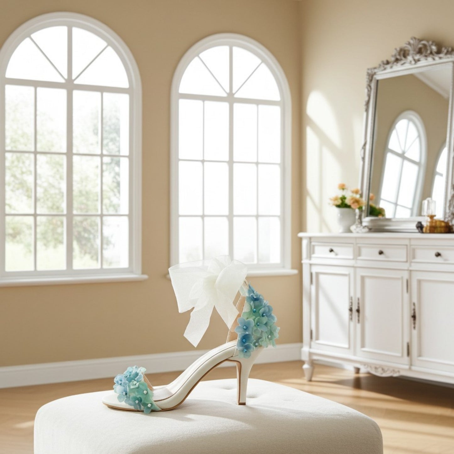 Ivory high-heeled shoe with floral decorations on a white stool in a bright room with large windows.