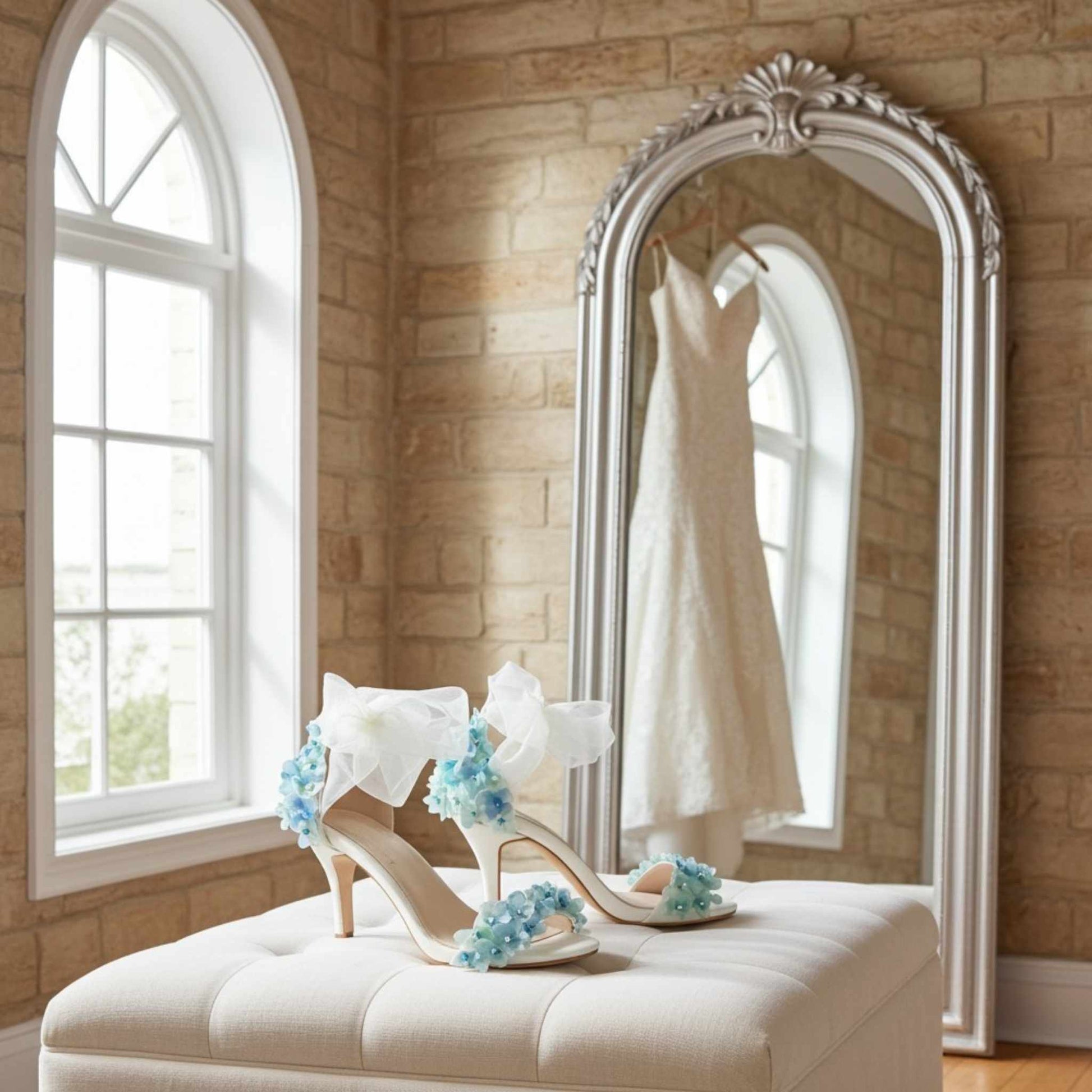 Bridal shoes with floral decorations on a fabric stool in front of a mirror reflecting a wedding dress.