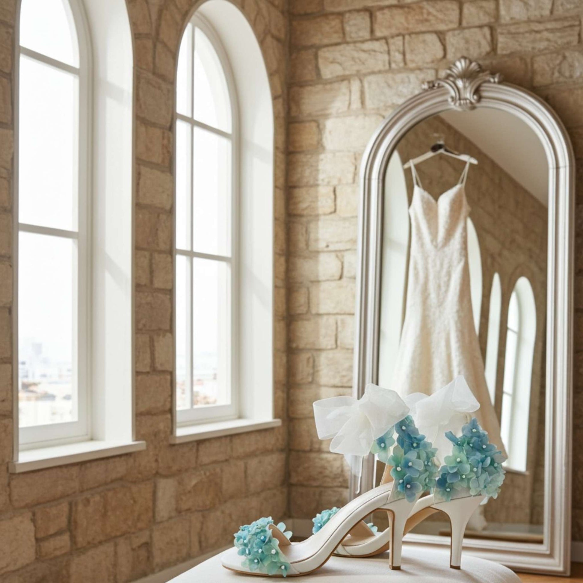 Ivory wedding dress with floral bridal shoes with open toe and high heels hanging in a room with stone walls and large windows.