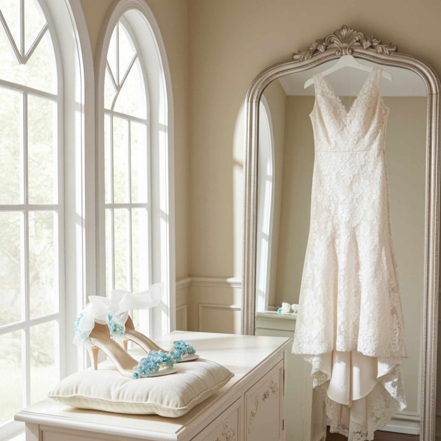 Ivory lace wedding dress hanging on a mirror in a bright room with large windows. and floral bridal shoes.