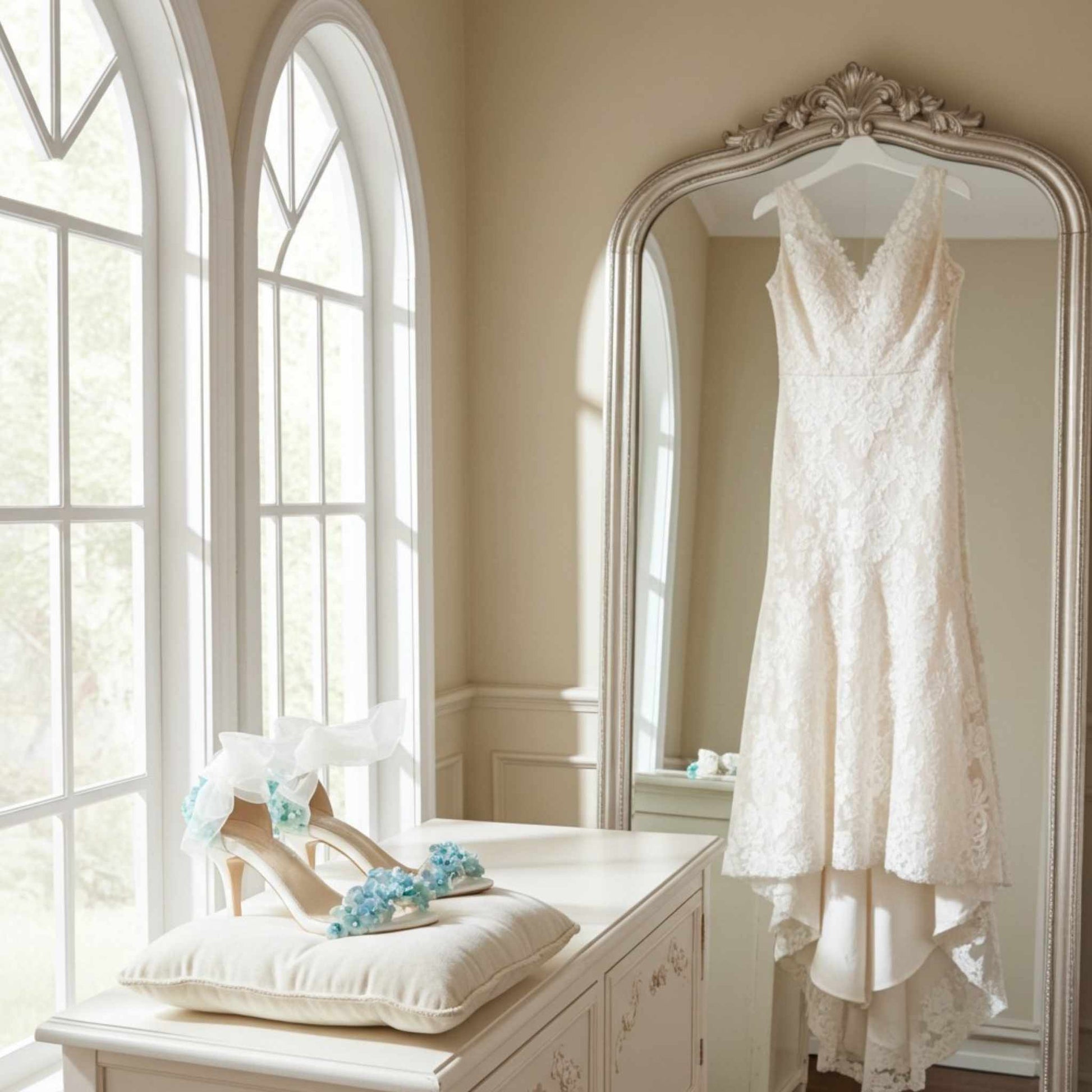 Ivory lace wedding dress hanging on a mirror in a bright room with large windows. and floral bridal shoes.