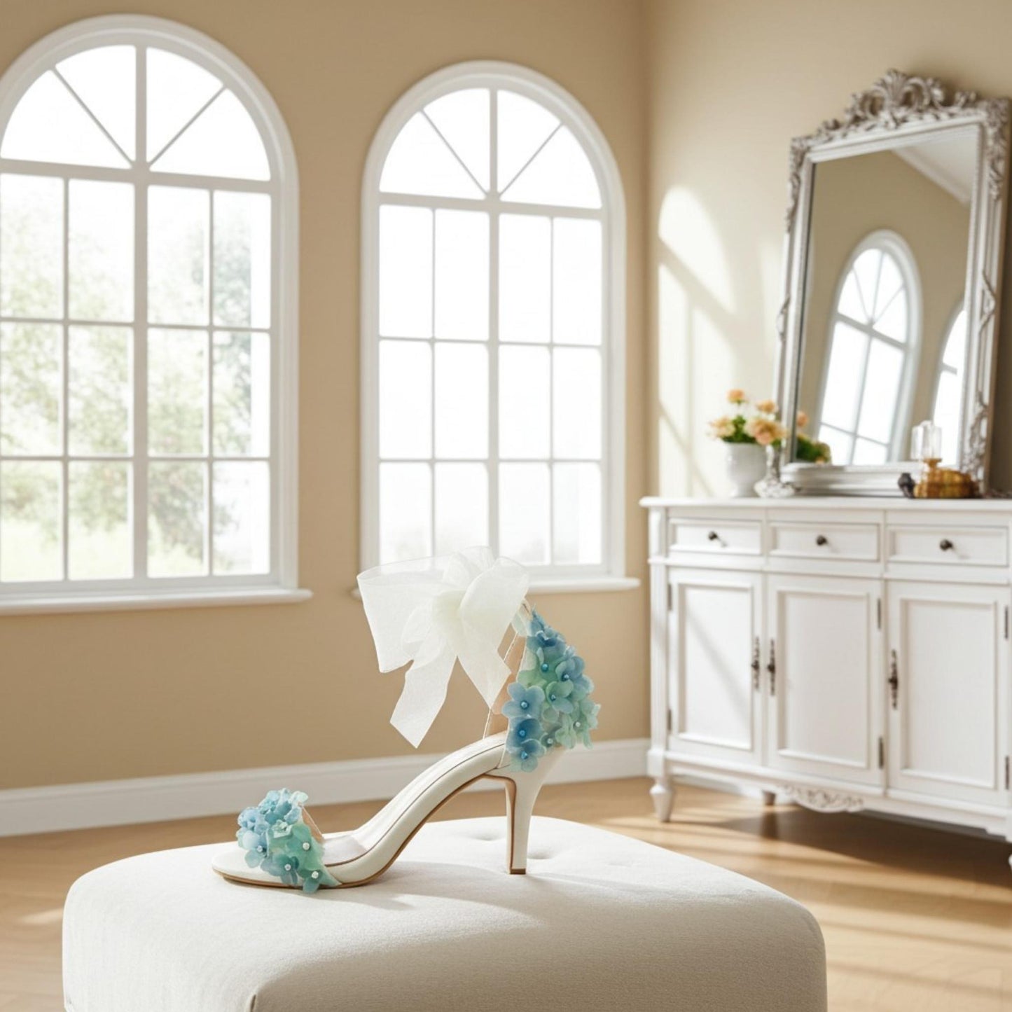 Ivory high-heeled shoe with floral decorations on a cream stool in a bright room with large windows and a mirror.