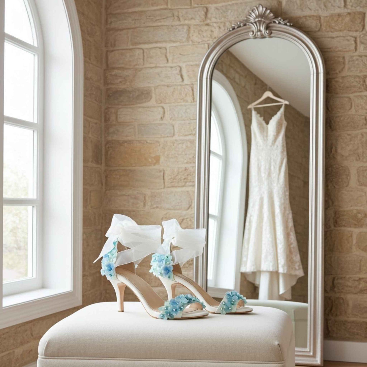 Ivory high-heeled shoes with blue floral decorations on a white stool in front of a mirror reflecting a wedding dress.