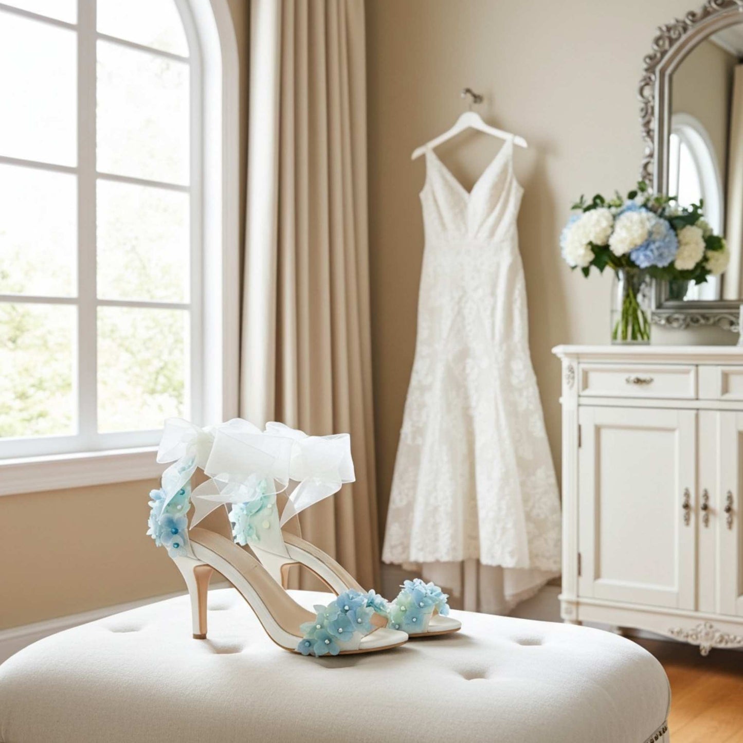 Ivory high-heeled shoes with blue floral decorations on a white ottoman in a room with a wedding dress and flowers.