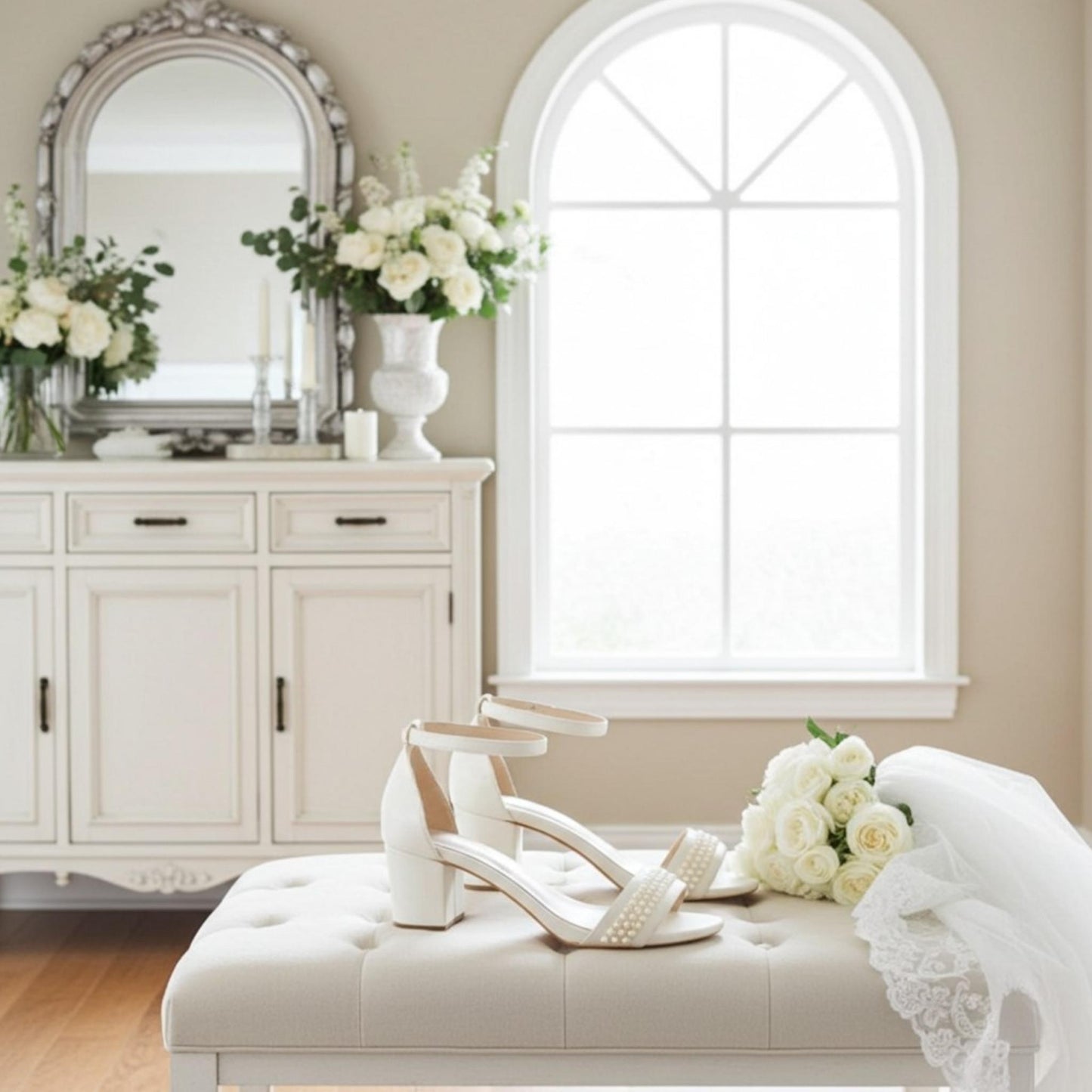Ivory mid-heeled pearl open toe shoes on a white stool with flowers and a mirror in the background
