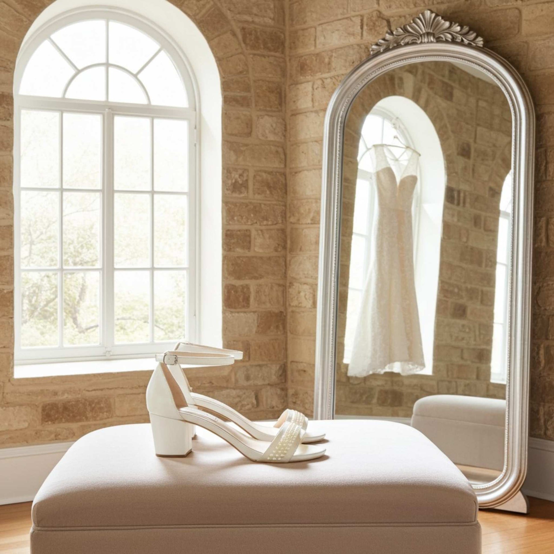 Ivory wedding shoes on a ottoman with a mirror reflecting a wedding dress in a room with a large window.