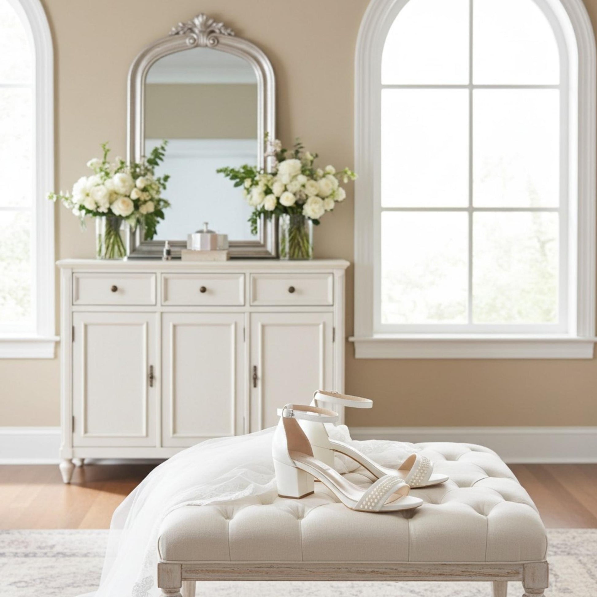 White dresser with mirror, white flowers, and pearl bridal shoes on a ottoman in a bright room.