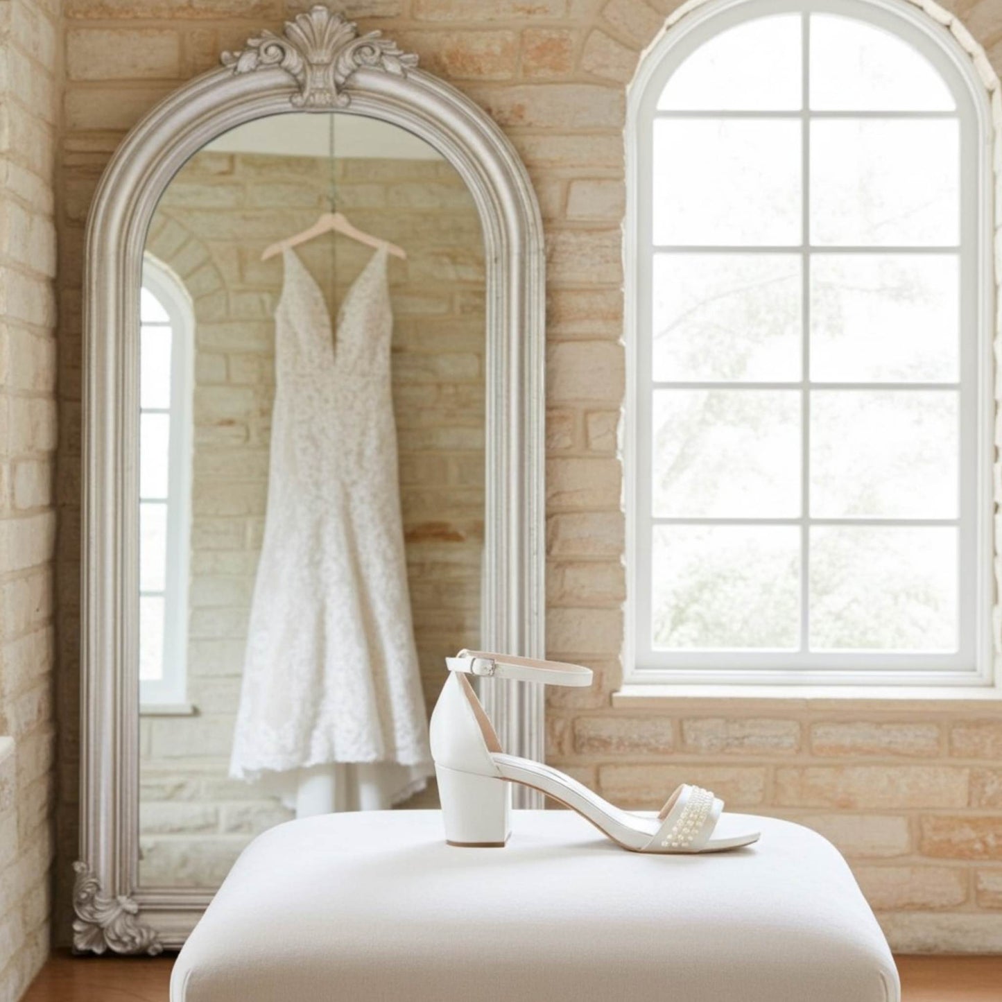 White wedding dress hanging in a room with a large mirror and a window. Single pearl bridal shoe sits in front on a cream footstool.