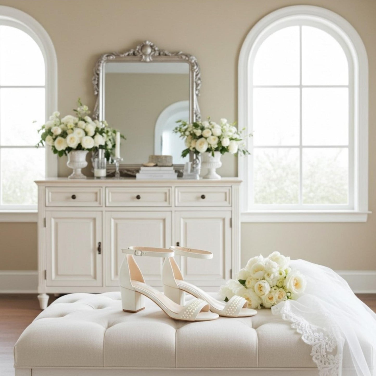 Ivory pearl wedding shoes on a cushioned ottoman with a decorative mirror and flowers in the background.