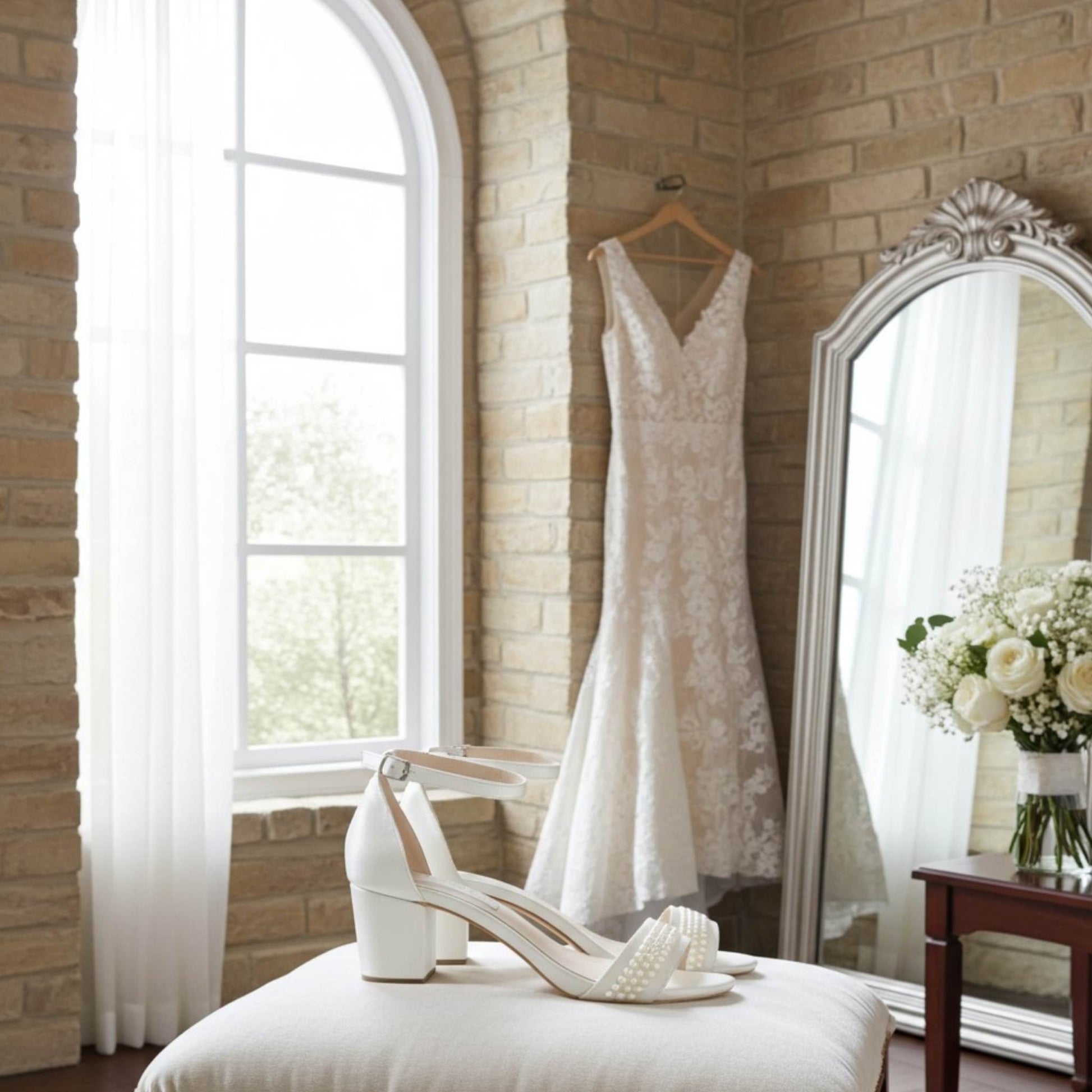 Lace wedding dress hanging on a brick wall with a pair of pearl bridal shoes and flowers on a cushion.
