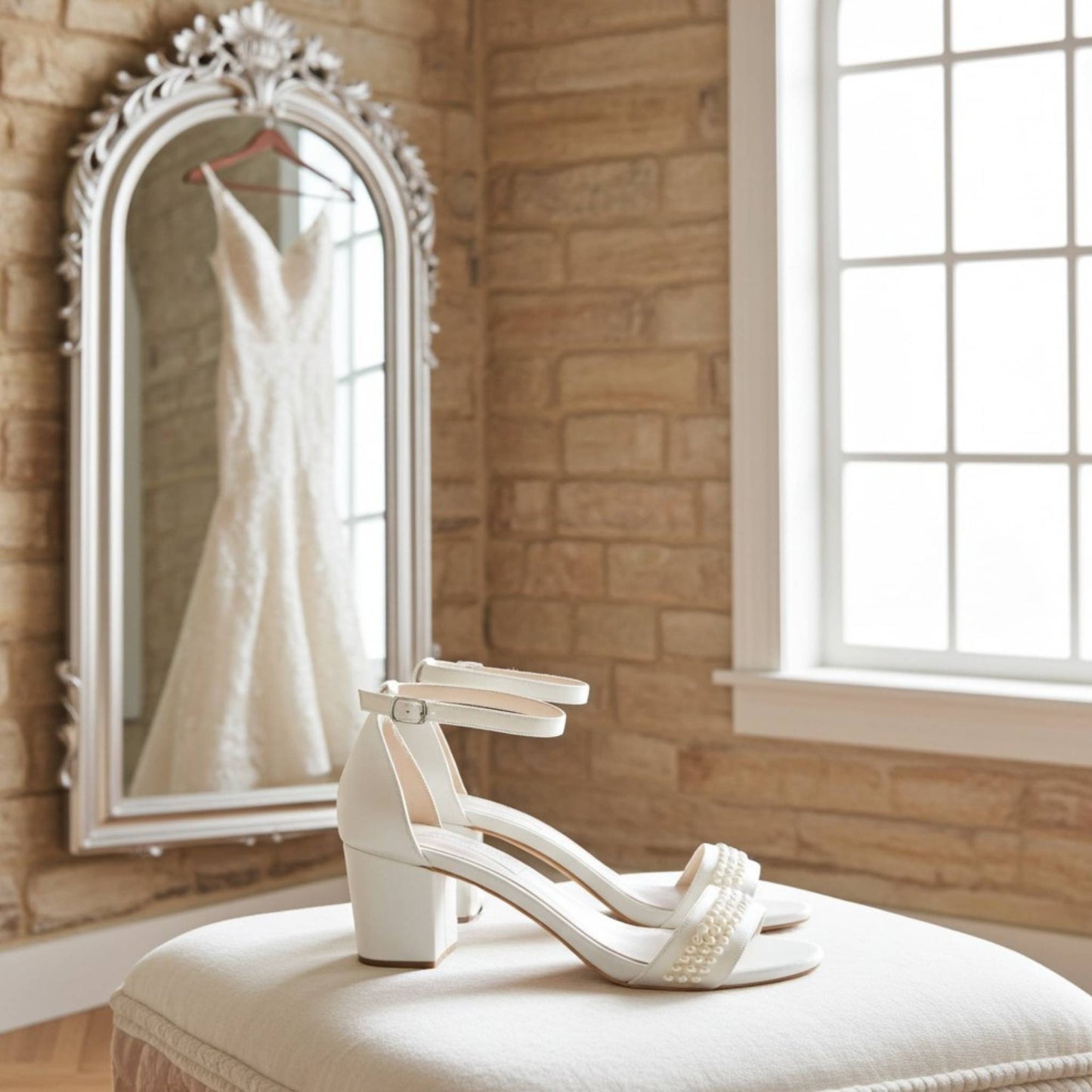 Ivory pearl wedding shoes on a stool with a mirror reflecting a wedding dress in a room with wooden walls.