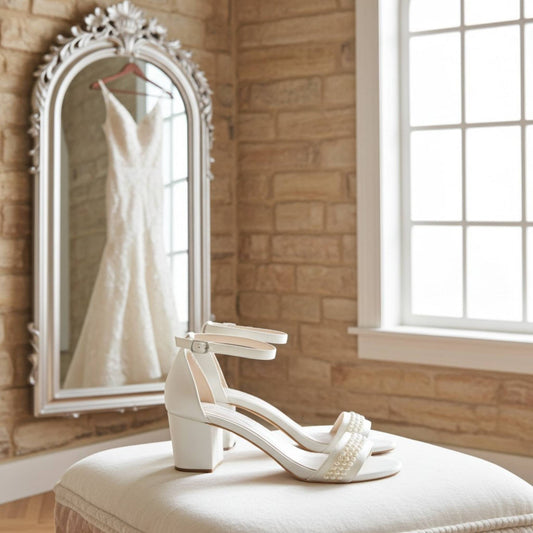 Ivory pearl wedding shoes on a stool with a mirror reflecting a wedding dress in a room with wooden walls.