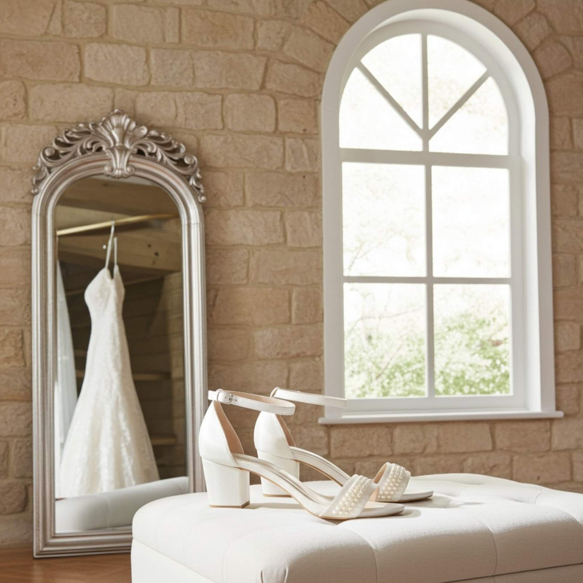 White wedding dress hanging in a mirror with pearl bridal sandals on a fabric stool in a room with a window and stone wall.