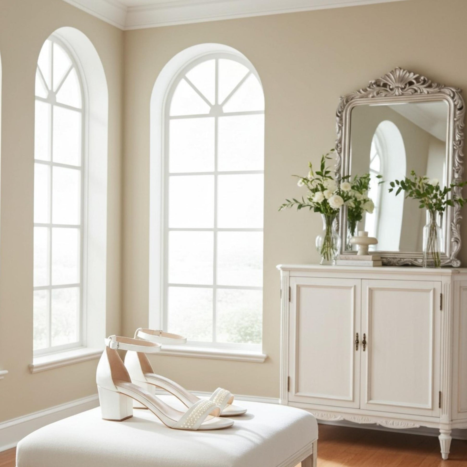 Neatly arranged room with a large mirror, cabinet, and bridal shoes on a stool.