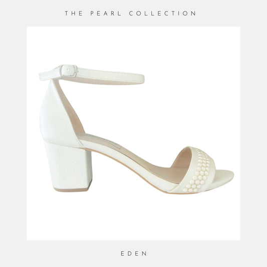 Ivory sandal with pearl details on a light grey background, labelled 'The Pearl Collection' and 'Eden'.