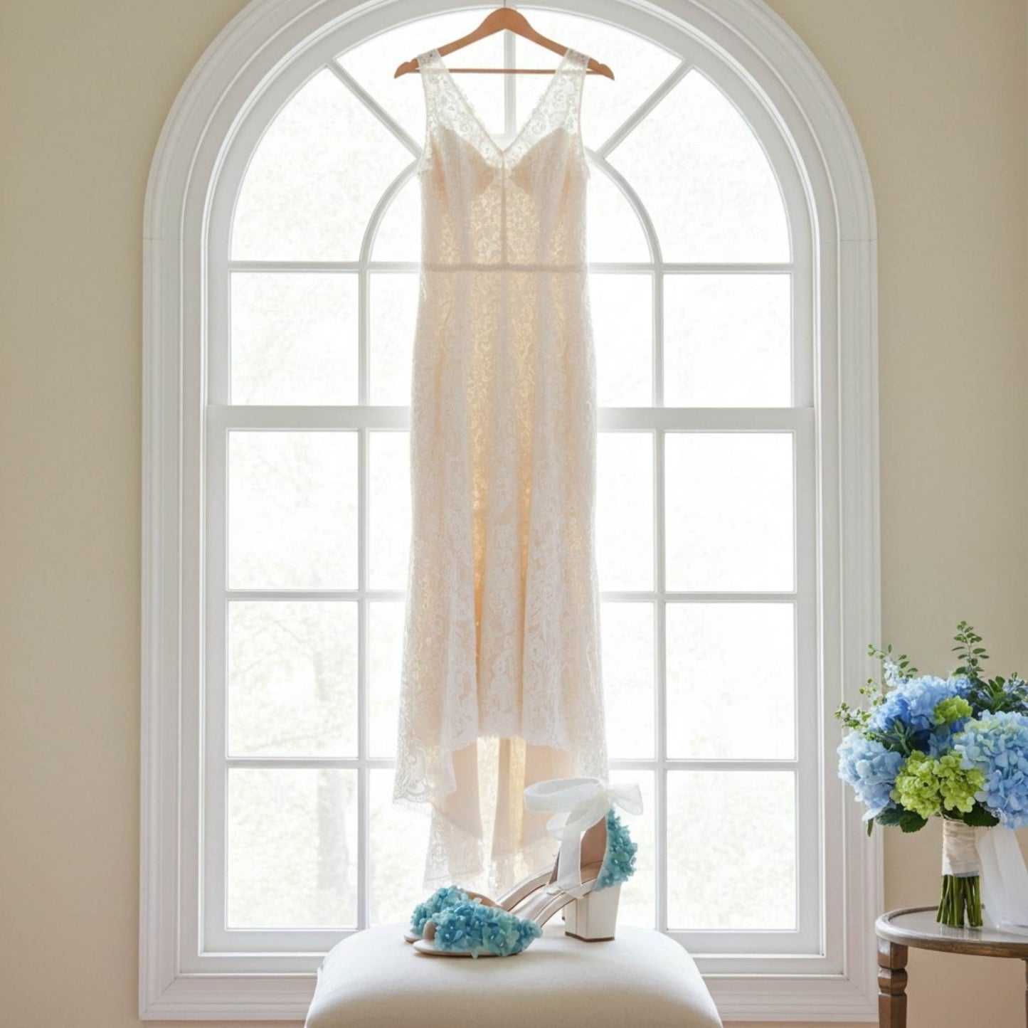 Pair of blue floral bridal shoes with low block heel and bridal gown hung in window, bouquet of hydrangeas.