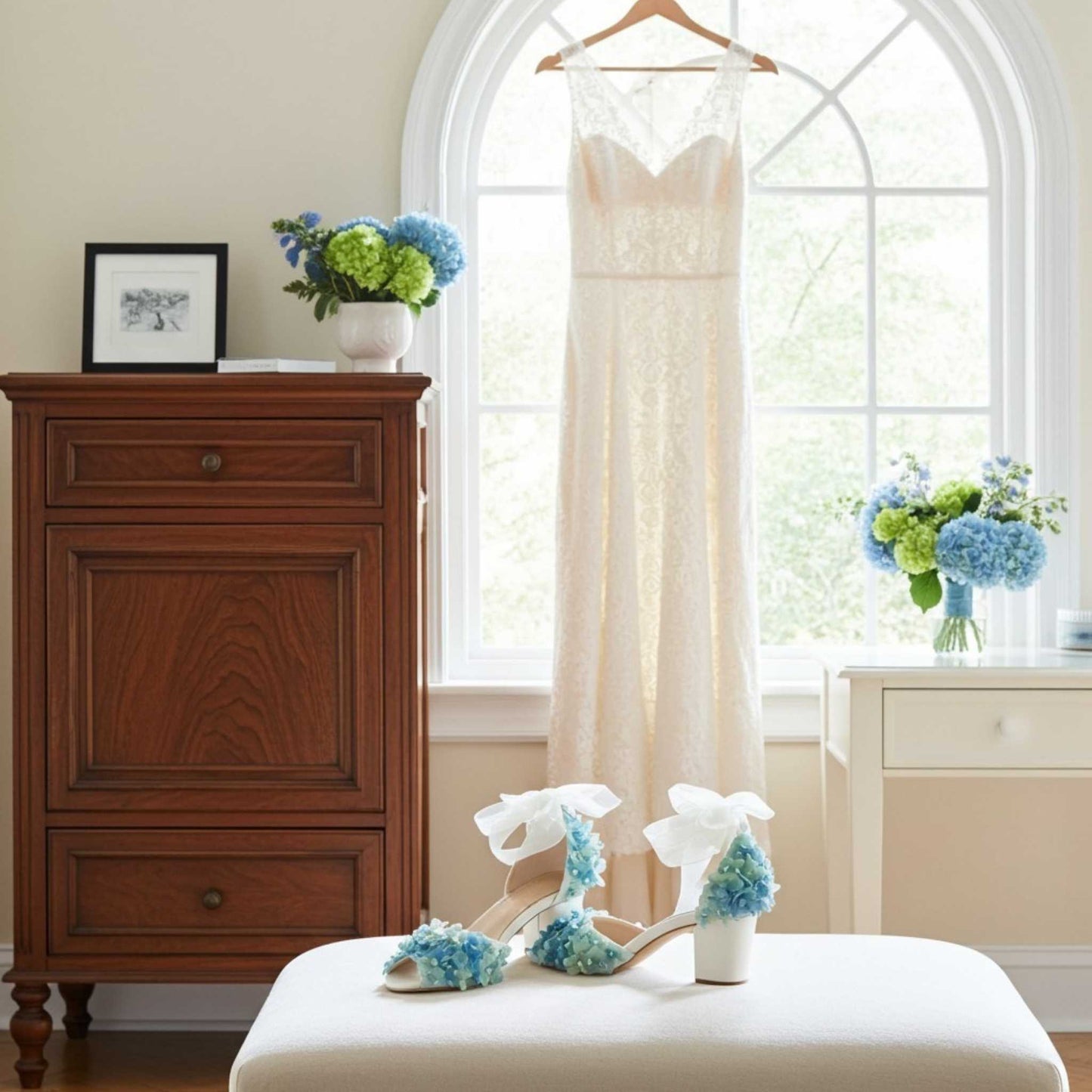 Ivory wedding dress hanging in a room with wooden cabinet, flowers, and pretty floral bridal shoes.