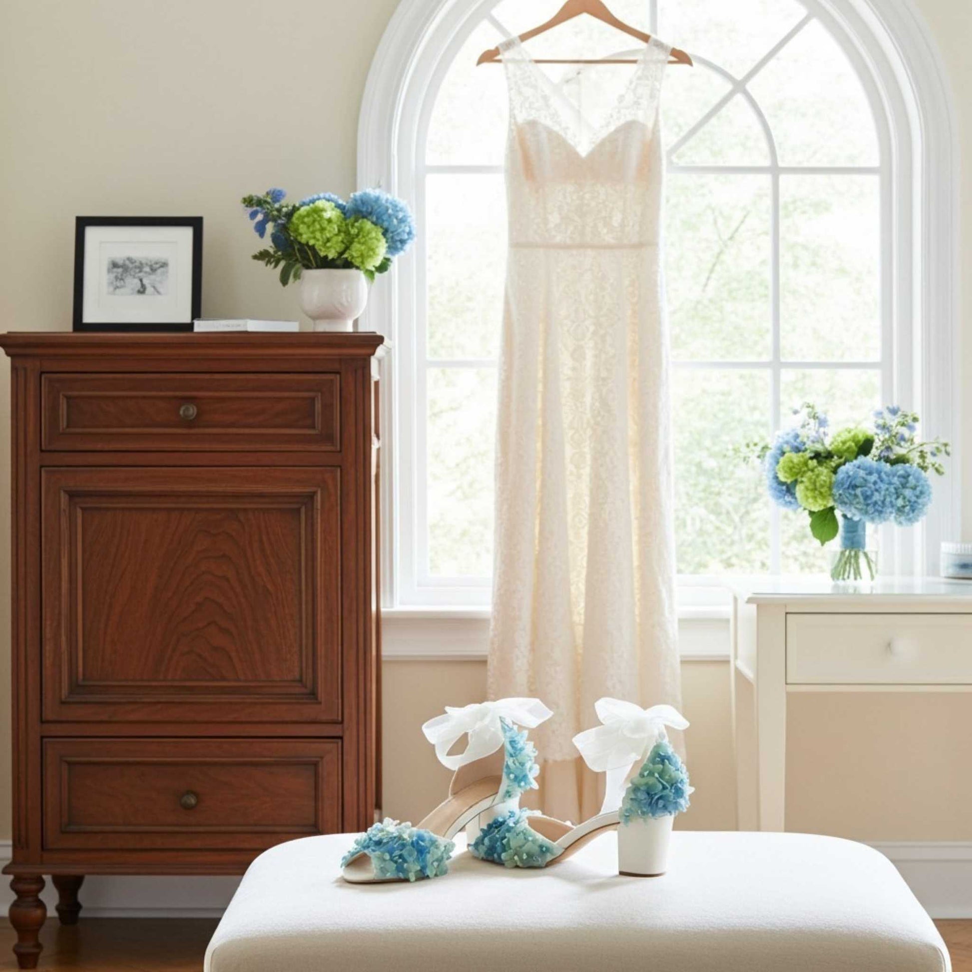 Ivory wedding dress hanging in a room with wooden cabinet, flowers, and pretty floral bridal shoes.