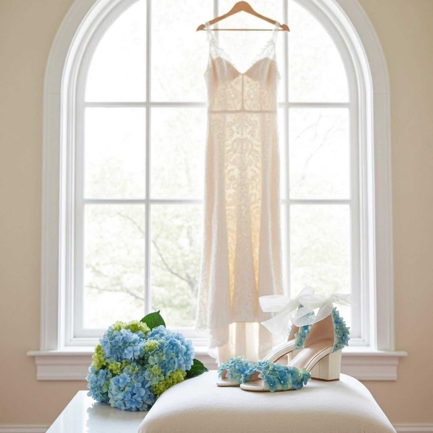 Pair of organza tie floral bridal shoes with hydrangea bouquet and bridal gown hung in window.
