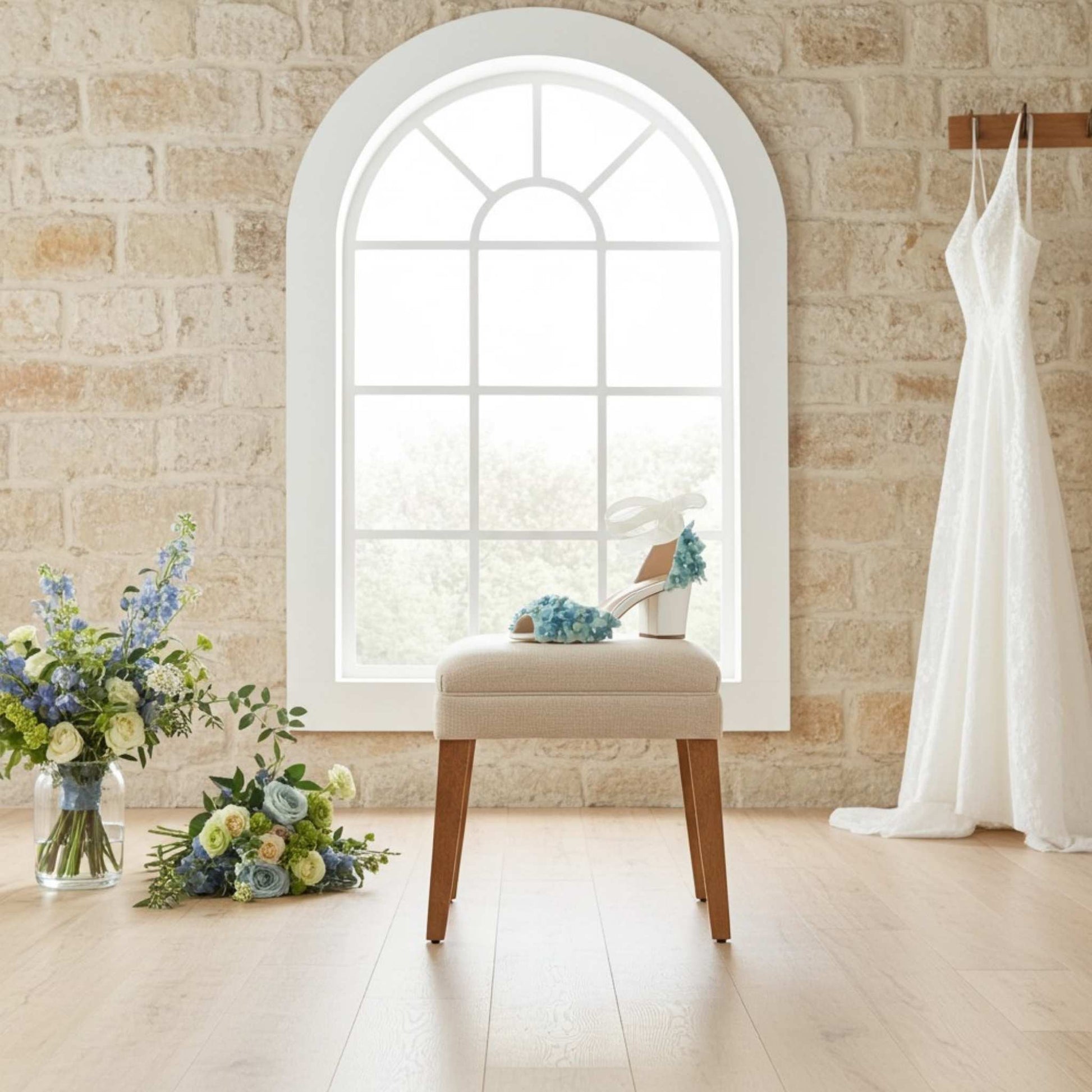 Single blue floral bridal shoe on a stool with bridal flowers and gown hung to the side.